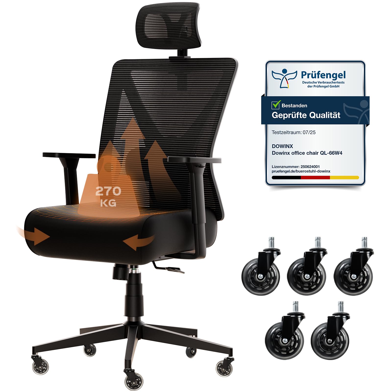 Dowinx Bürostuhl 270 kg, Ergonomischer Schreibtischstuhl mit Dicker Sitzpolsterung, Verstellbarer Lendenstütze, Höhenverstellbarer Rückenlehne, 3D-Armlehnen, Metall-Fuß, Schwarz