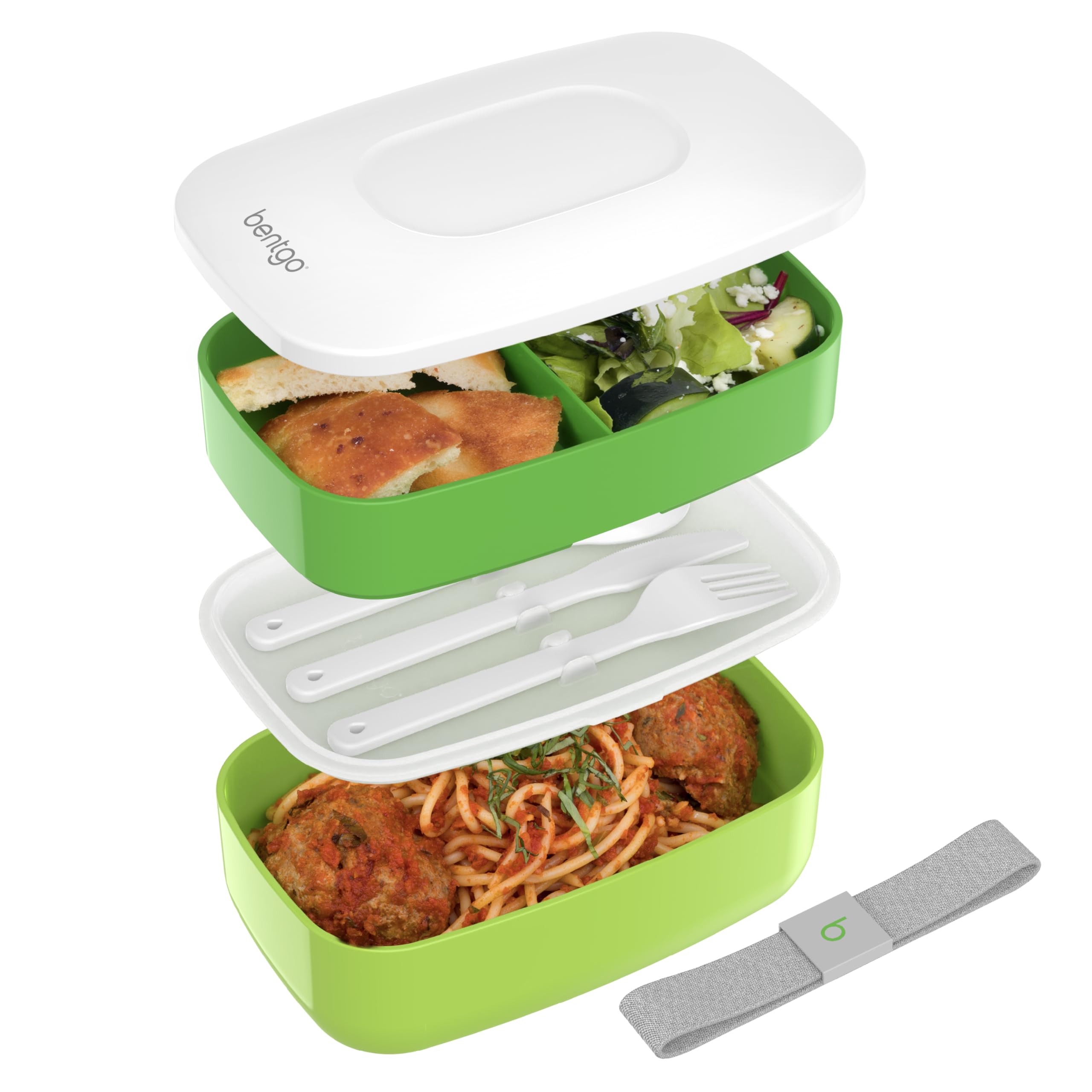 Bentgo® Classic - Adult Bento Box, All-in-One Stackable Lunch Box Container with 3 Compartments, Plastic Utensils, and Nylon Sealing Strap, BPA Free Food Container (Green)