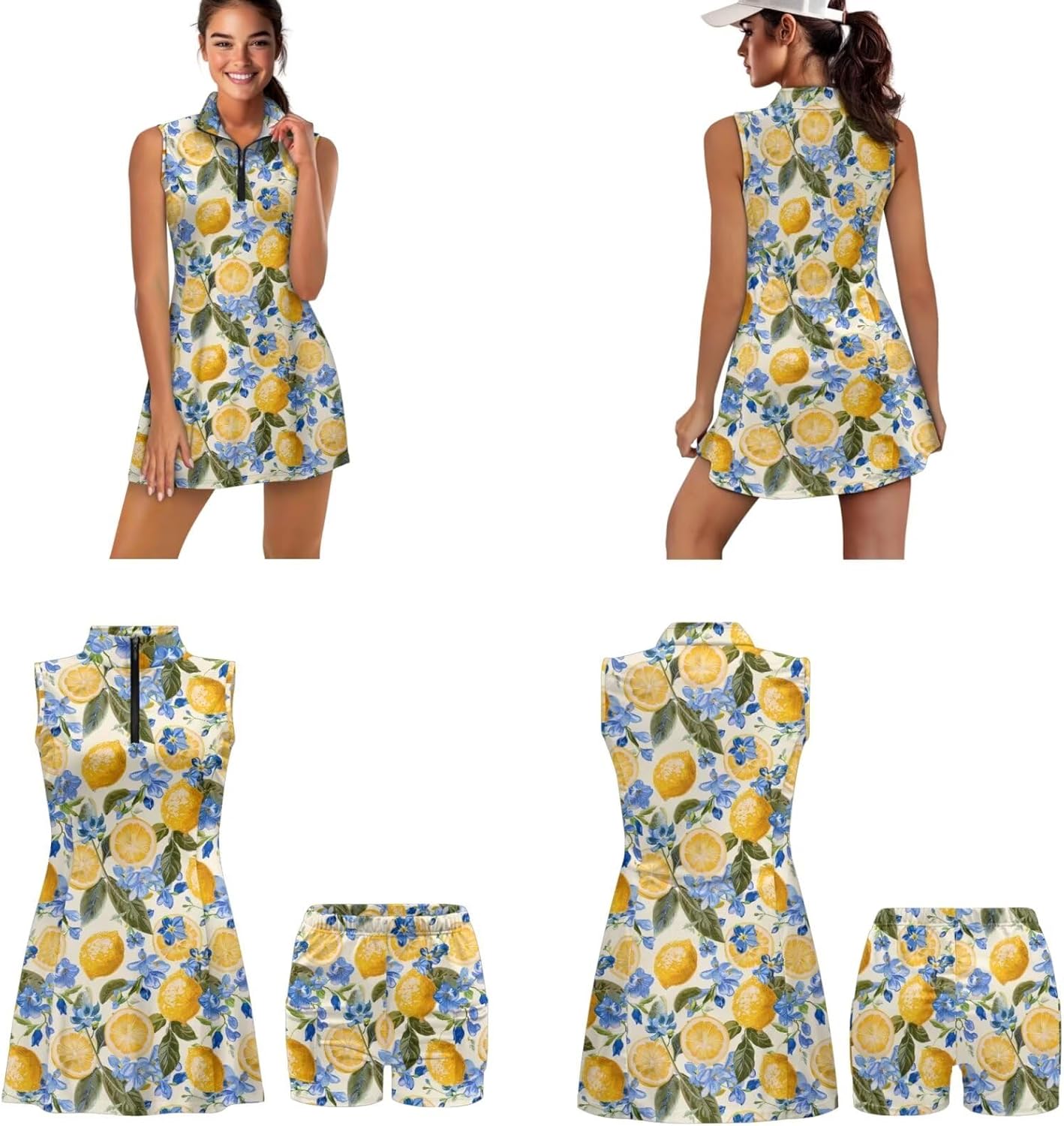 Women's Golf Tennis Dress with Shorts Pockets Sports Hairband 3 Pieces Sleeveless Athletic Zipper Outfit XS-2XL