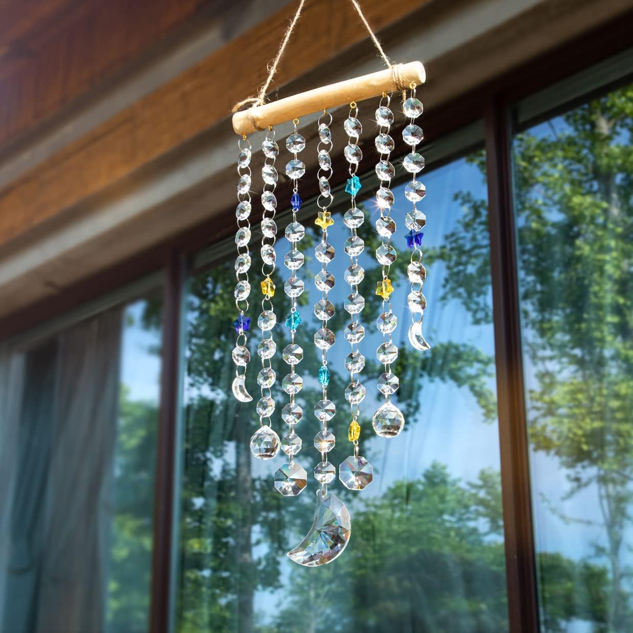 Crystal Moon Star Prism Suncatcher Rainbow Maker Pendant Window Garden Hanging Decoration Ornament Crystal Wind Chimes : Patio, Lawn & Garden