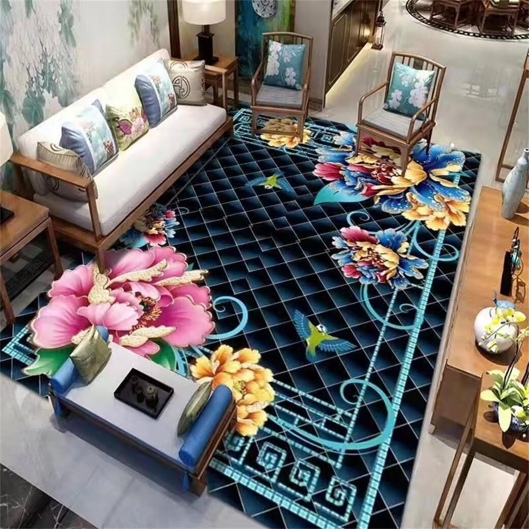 Tapis chambre fille lavable et durable bleu à fleurs 80x150