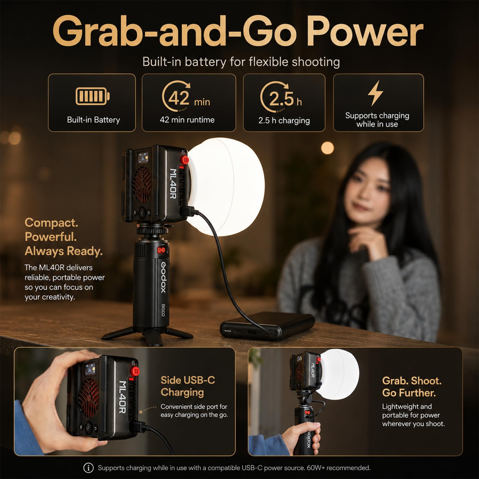 Godox ML40R Luce Video LED RGB, 12300Lux @1m con ML-L10, 1800K-10000K, HSI RGBW, CRI/TLCI 95, 14 Effetti FX, App NFC, Godox Mount, USB-C per Vlog Streaming