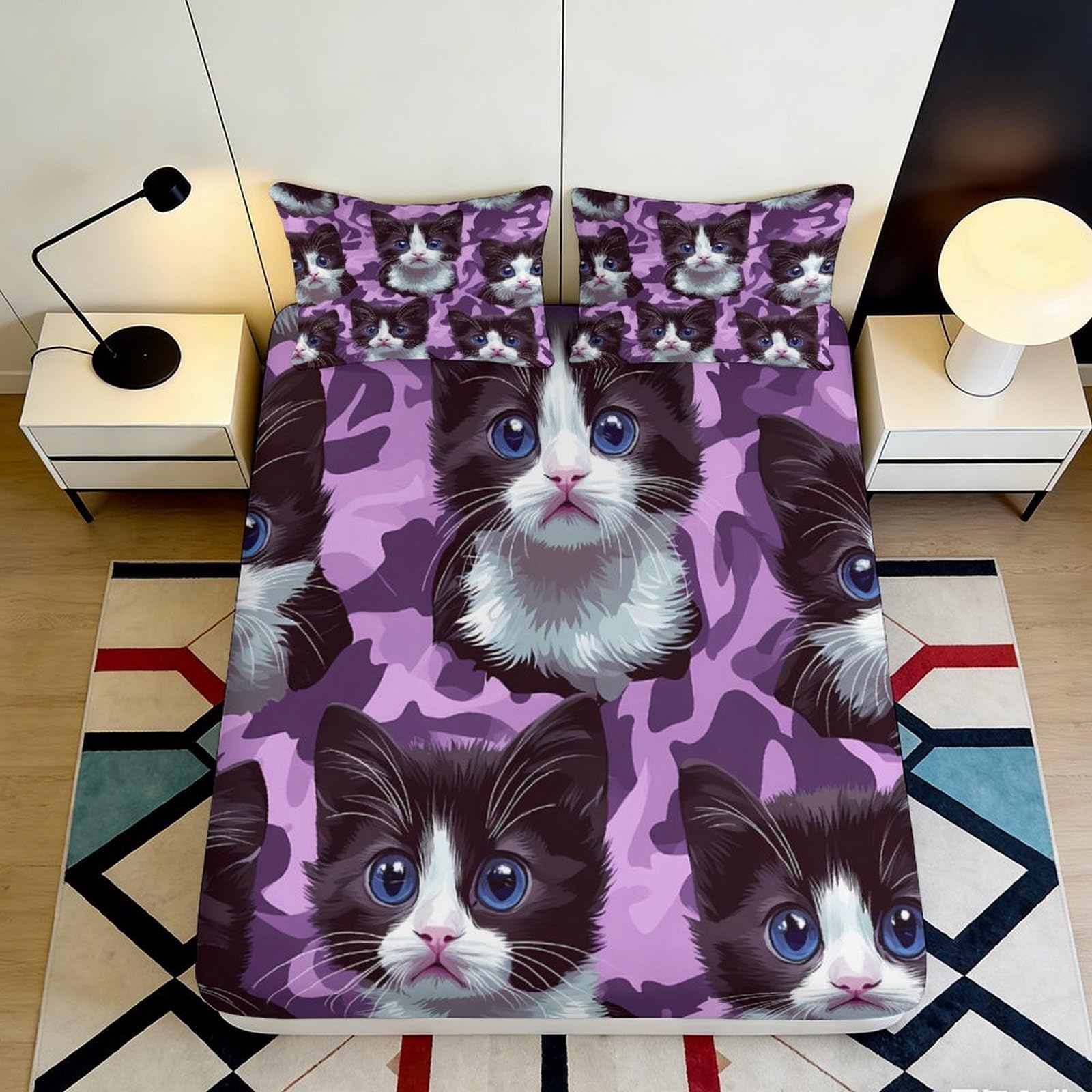 Jqzkxnhpbr Style-3 3D Printed Purple Cat Fitted Sheet Microfiber Soft Breathable Kitten Bed Sheet For Bedroom Dorm Mattress Protector Decor 90X200x25cm