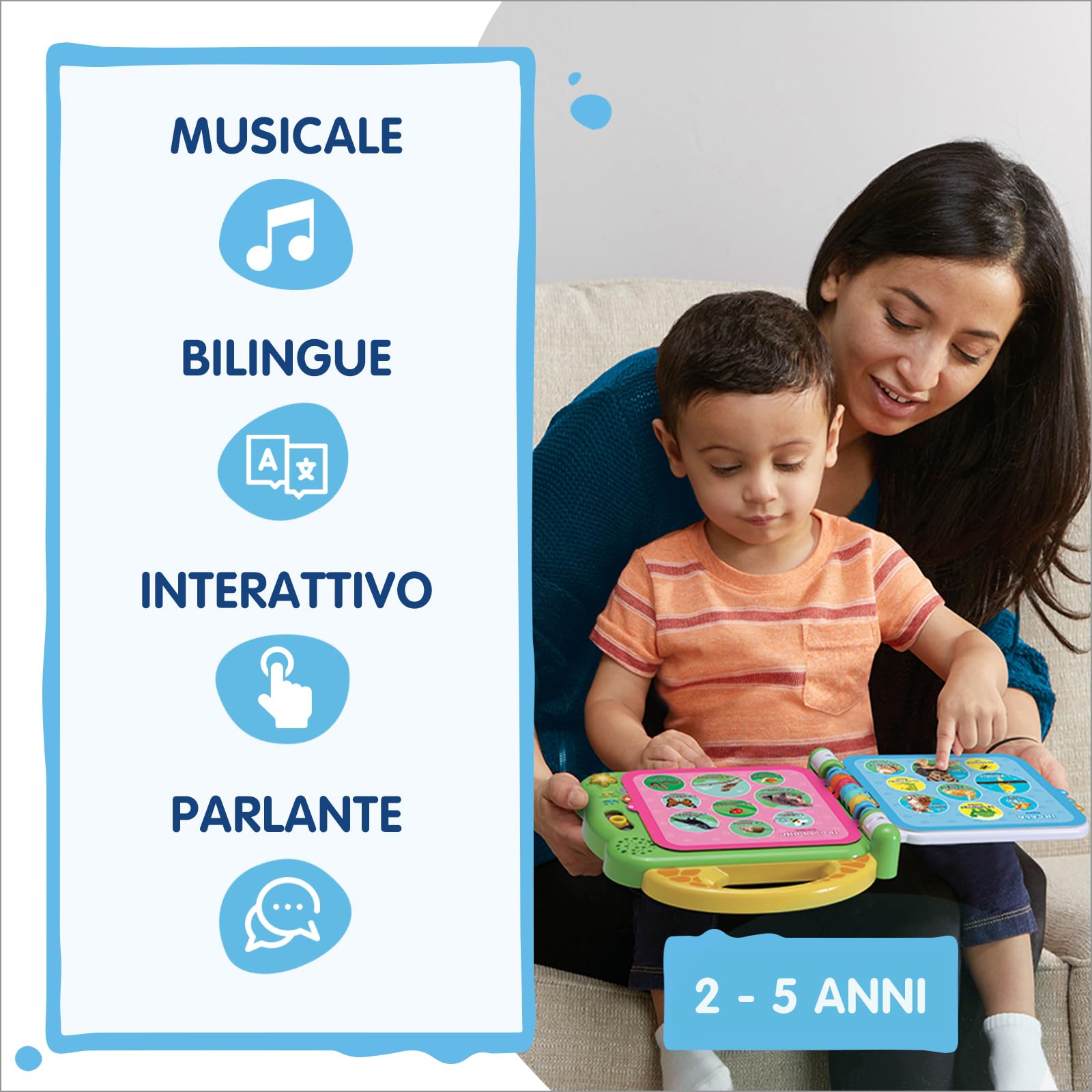 VTech Libro Illustrato Bilingue - 100 Animali per Bambini, Sensoriale in Italiano e Inglese, Neonato con 3 Modalità, Batterie Incluse, 2-5 Anni