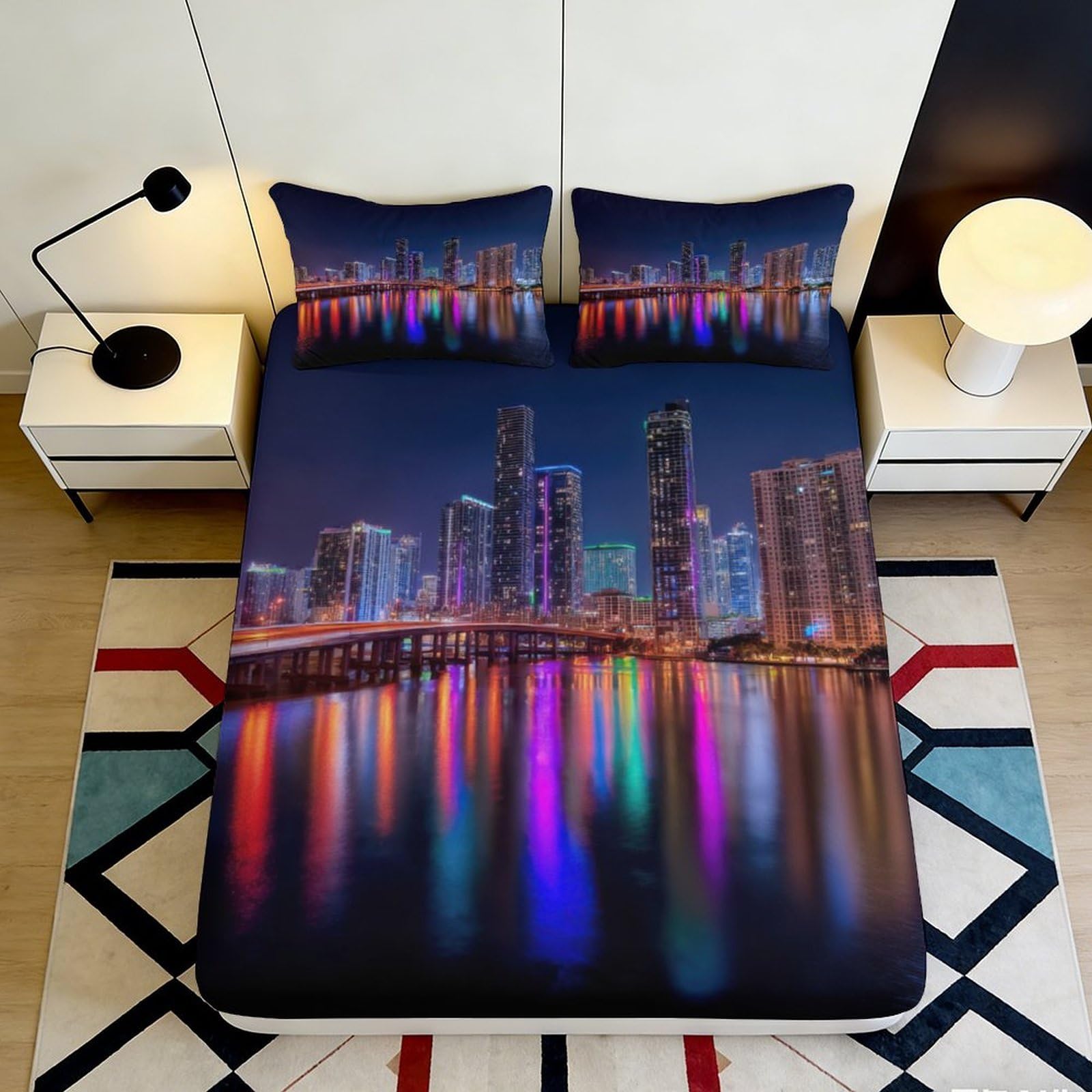 3D Printed Urban Nightscape Fitted Sheet Microfiber Deep Pocket Bedroom Set Urban Nightscape Mattress Fitted Cover Non-Slip 200x200x25cm