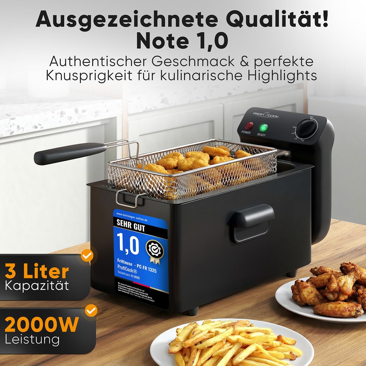 ProfiCook® Friteuse mit Fett | 130-190°C | Fritteuse mit Öl | 2000W | 3L | spülmaschinengeeignete Teile | Spritzschutz-Deckel | Kaltzonen-Fritöse | komplett zerlegbar | PC FR 1325