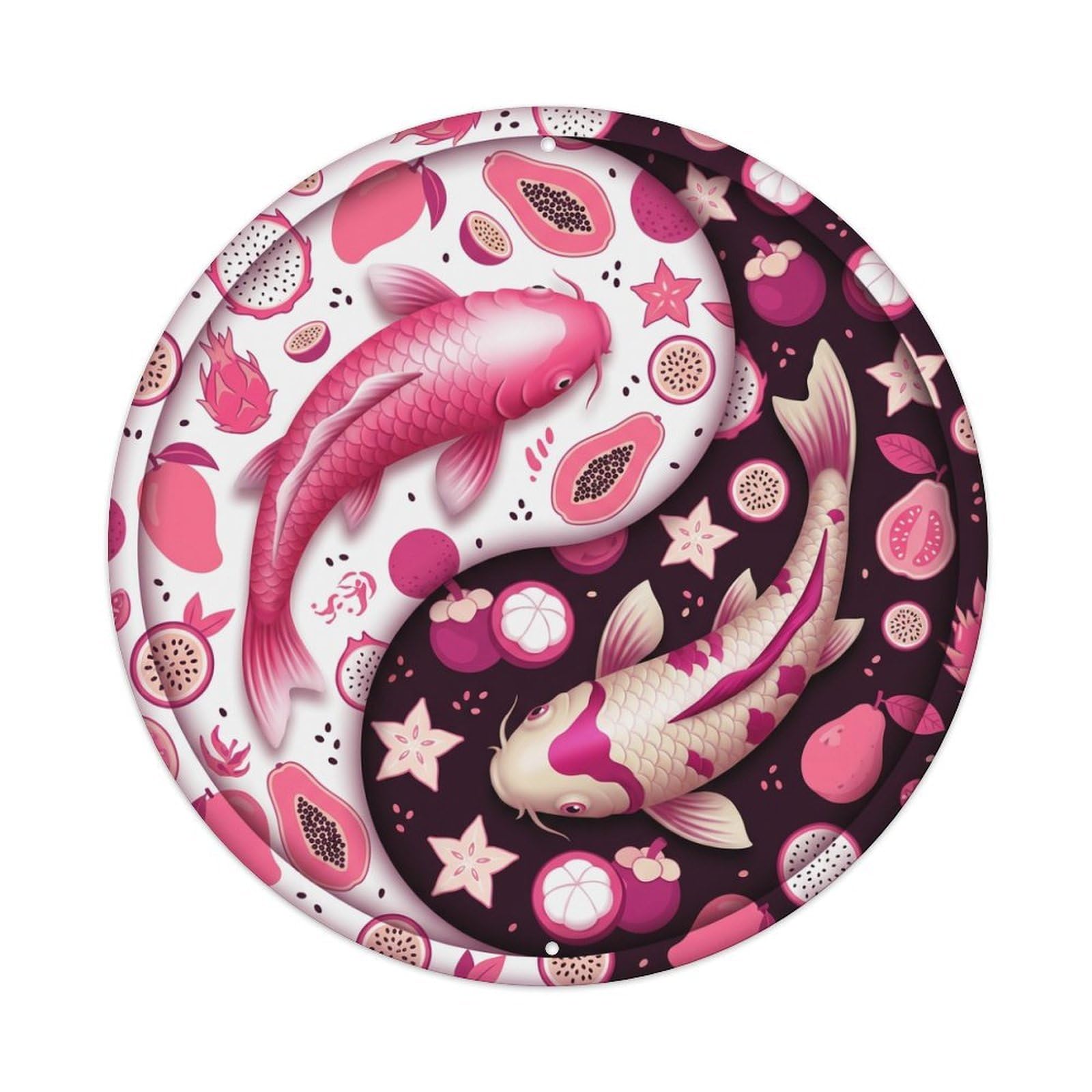 Metal Tin Sign Tai Chi Koi Fish Dragon Fruit Pink White Tropical Exotic