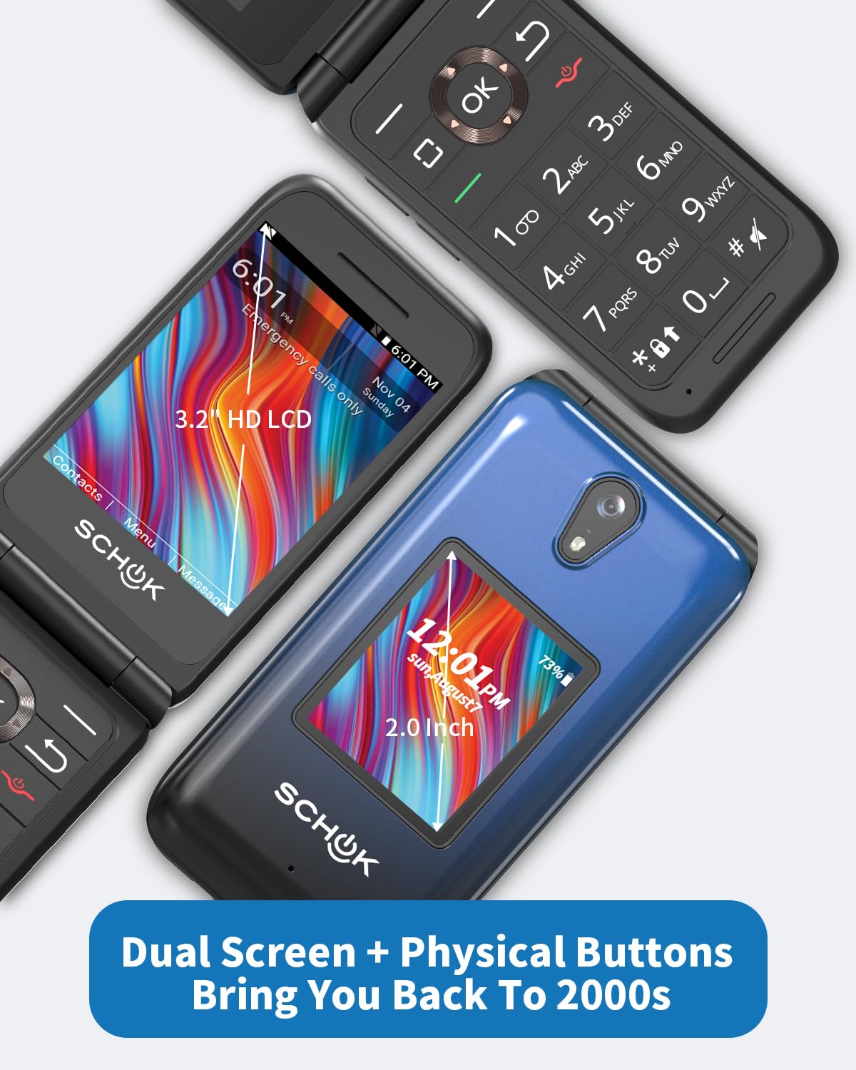 Schok 4G Flip Phone Unlocked, 3.2" Dual Screen Flip Phones for Seniors & Kids, Basic Phone for Travel，AT&T/T-Mobile Compatible, Big Button, Replaceable Shells (Blue/Red)