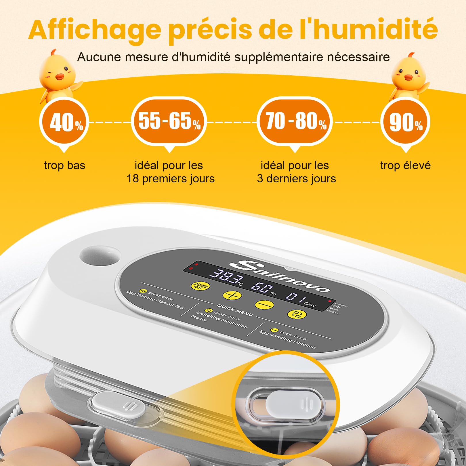 Sailnovo Couveuse Oeuf Automatique - 24 œufs - Incubateur pour œufs de poule avec 4 modes - Vue à 360° - Incubateur à œufs avec retournement automatique et contrôle de la température(Gris)