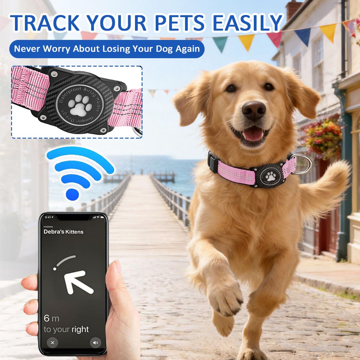 Ytanest AirTag Collar Perro Impermeable Integrado Luminoso Soporte de Apple Air Tag Reflectante Anti-Pérdida Protección, Rosa 02, M - 3