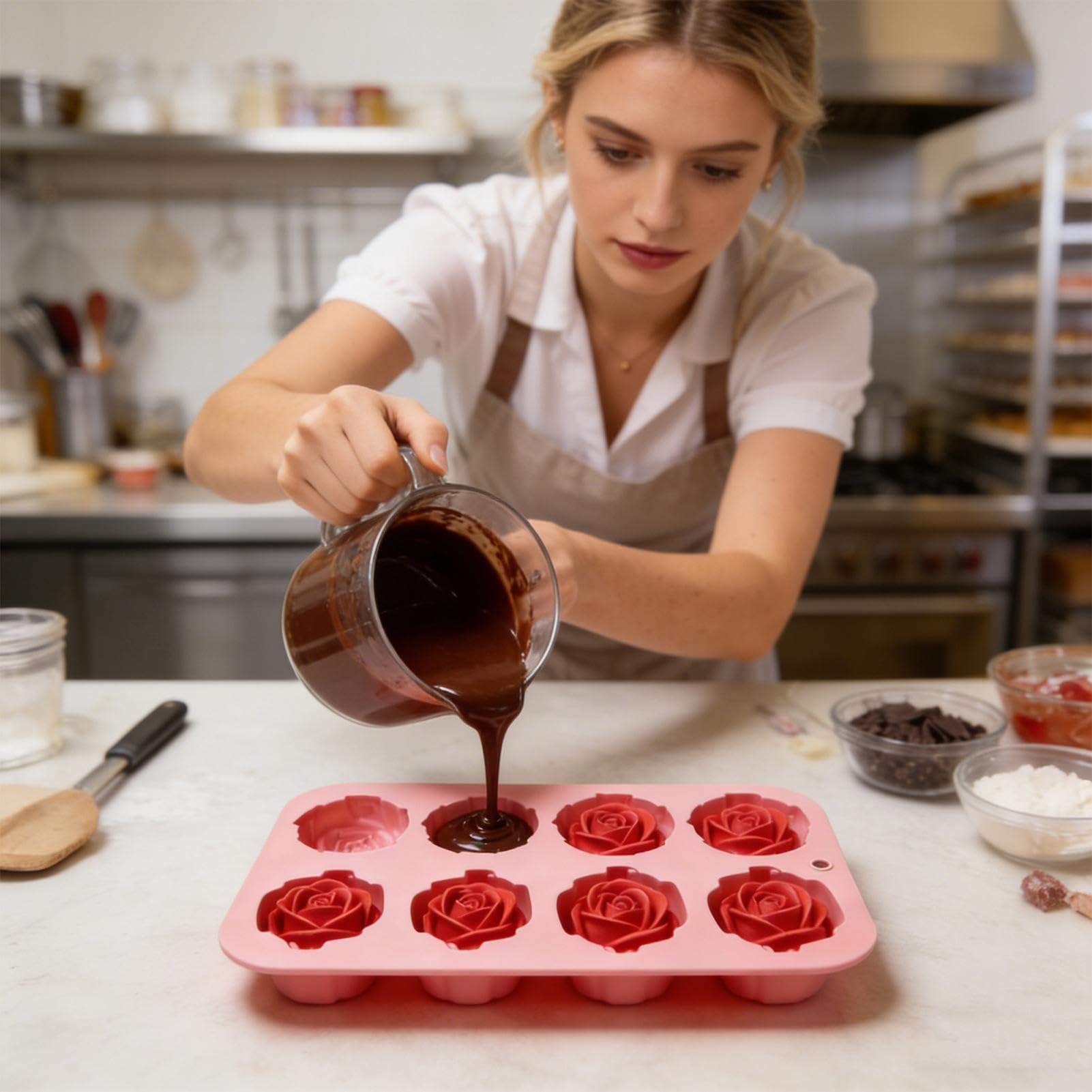 Moldes de chocolate de silicona con forma de rosa para hornear, molde de goma y caramelo para fondant de chocolate con flor de rosa de 6 cavidades, antiadherente, reutilizable para cubitos de hielo — view 9