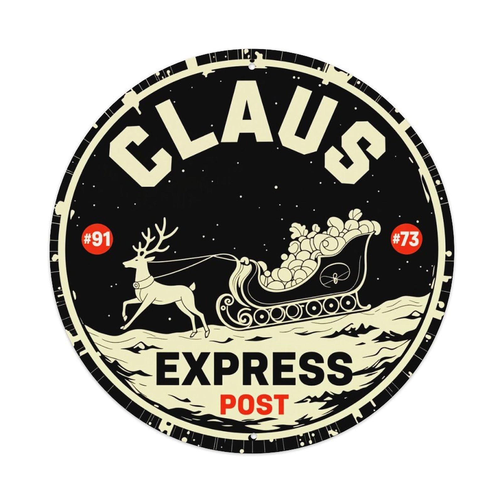 Claus Express Post Sleigh Reindeer Round Tin Sign Vintage Style Metal Sign Home Bar Garden Wall Plaque Decor Metal Poster 8x8 Inch