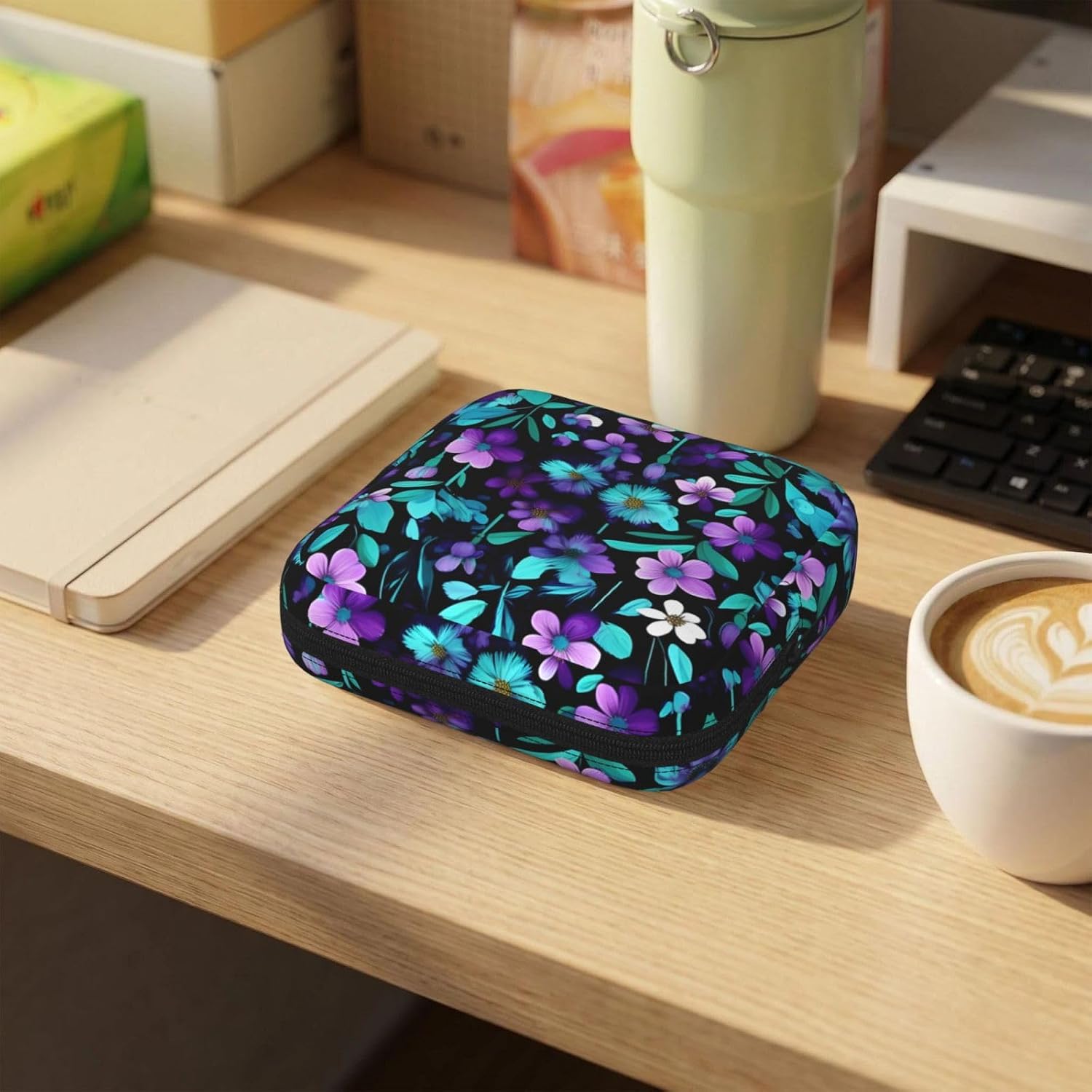 Purple and Teal Flower Print Multifunctional Storage Bag Pad Bag Skin-Friendly Period Pouch Reusable Tampon Bag for Female