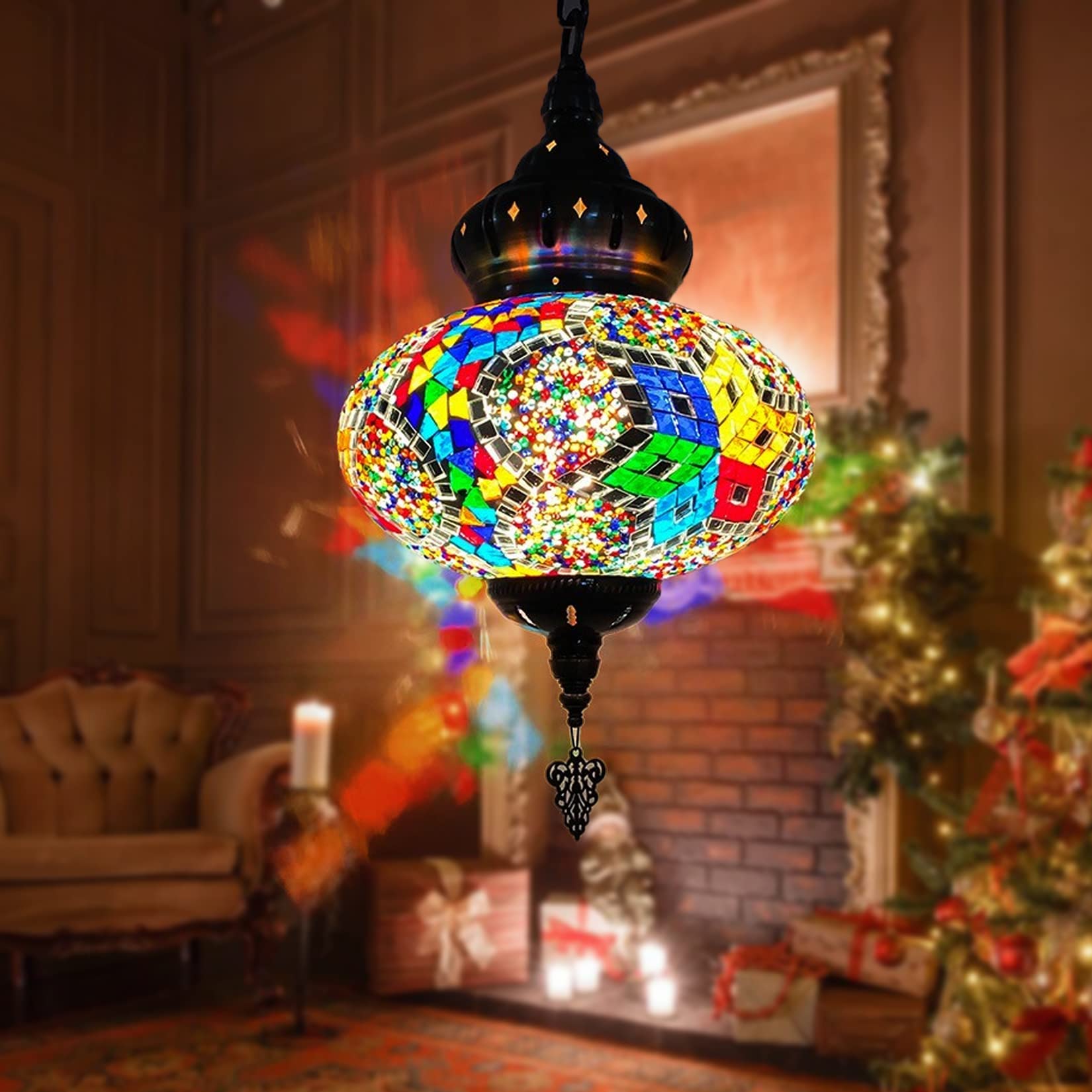 BOTOWI (12 Colors) Hanging Ceiling Mosaic Lamp Light Chandelier, Turkish Moroccan Pendant Lights, Multicolor Decorative Colorful Glass Globe Fixtures Living Room Bedroom Home Decor,color D