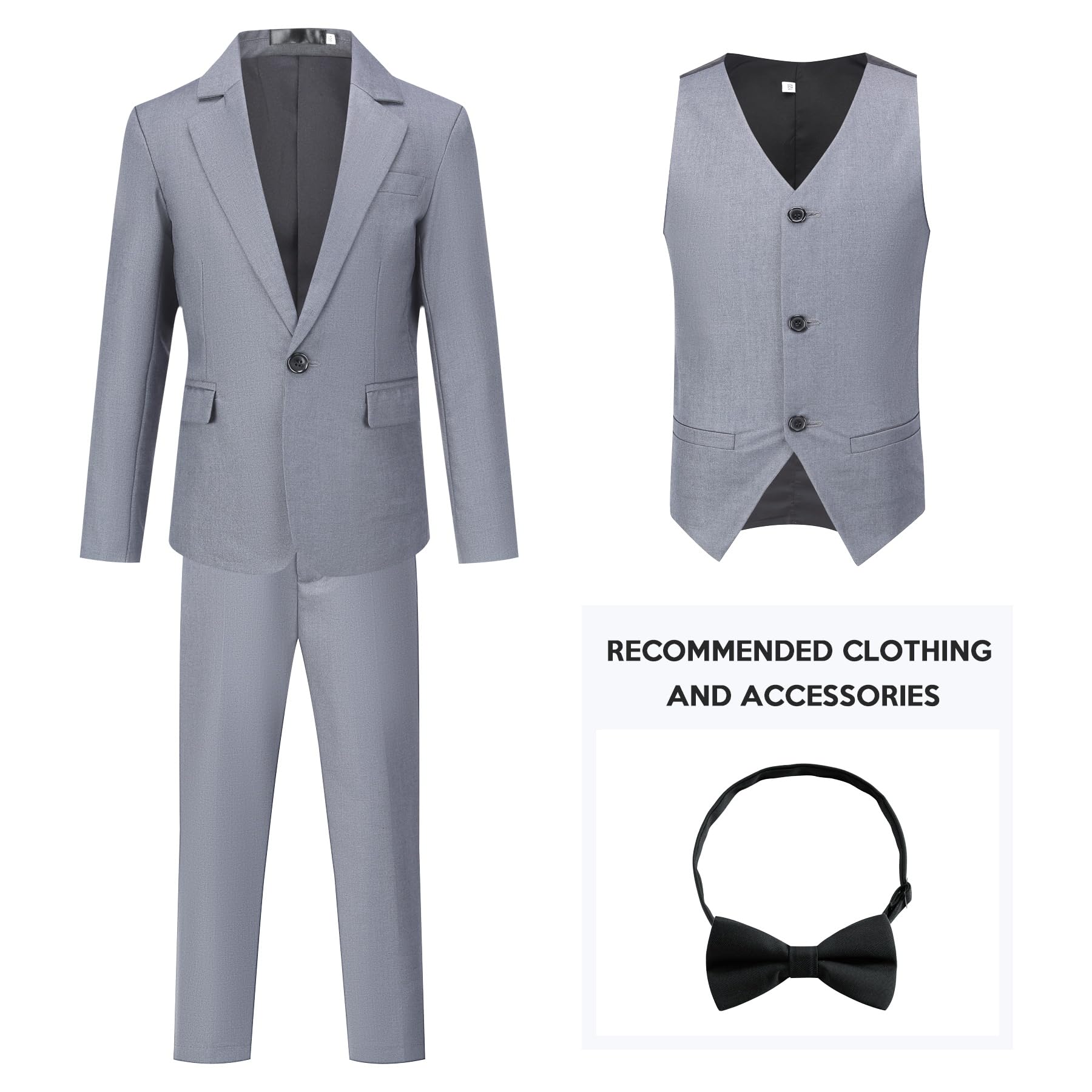 Sliktaa Tuta da bambino, 3 pezzi, con bottone a risvolto, per matrimonio, compleanno, festa, ballo, performance, blazer gilet, pantaloni multicolor, grigio., 10 anni