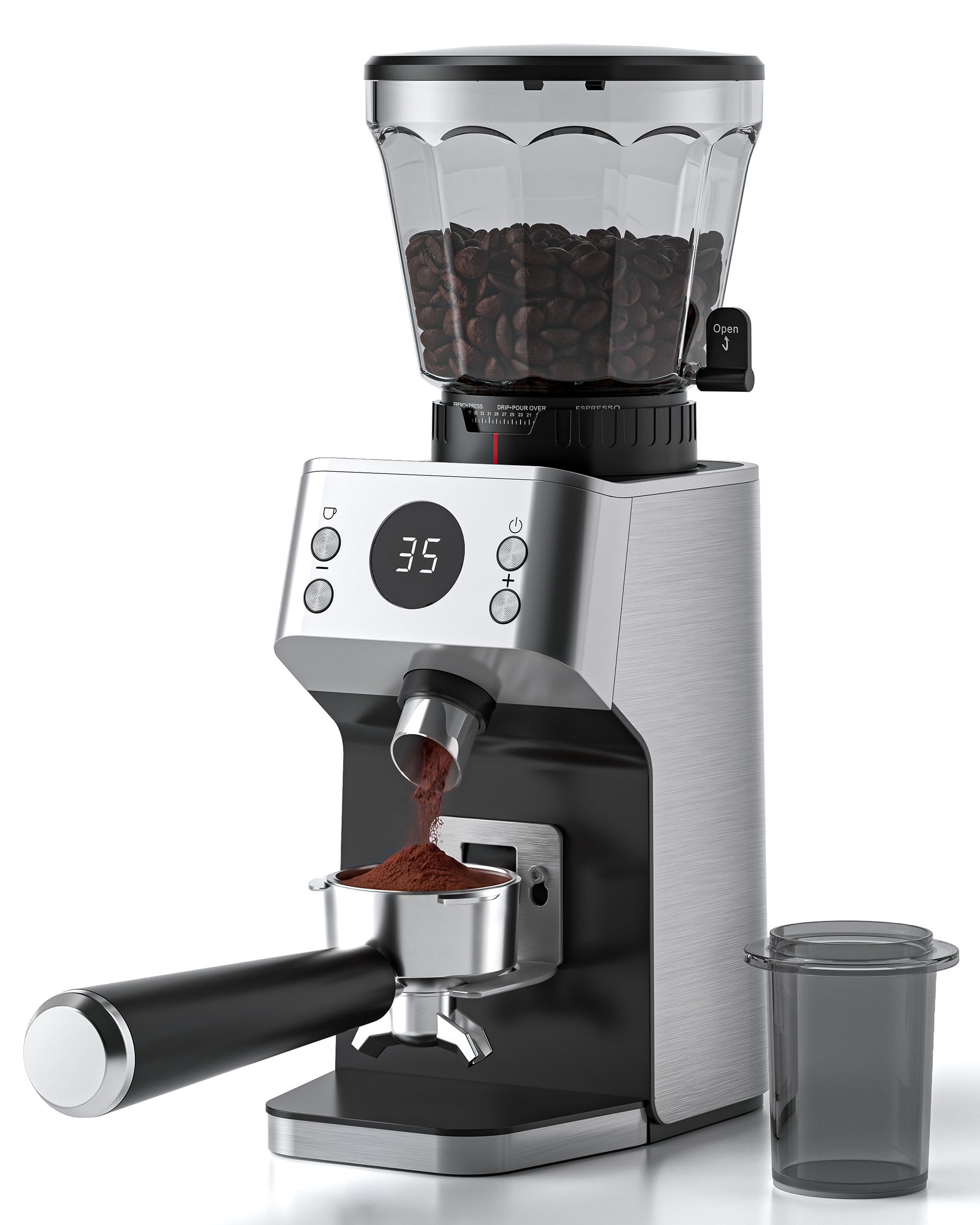 AAOBOSI Macinacaffè Elettrico, 45 Livelli, Macine Coniche in Acciaio | Sistema antistatico al plasma, memoria, timer programmabile, contenitore chicchi 300 g, per espresso e caffè filtro