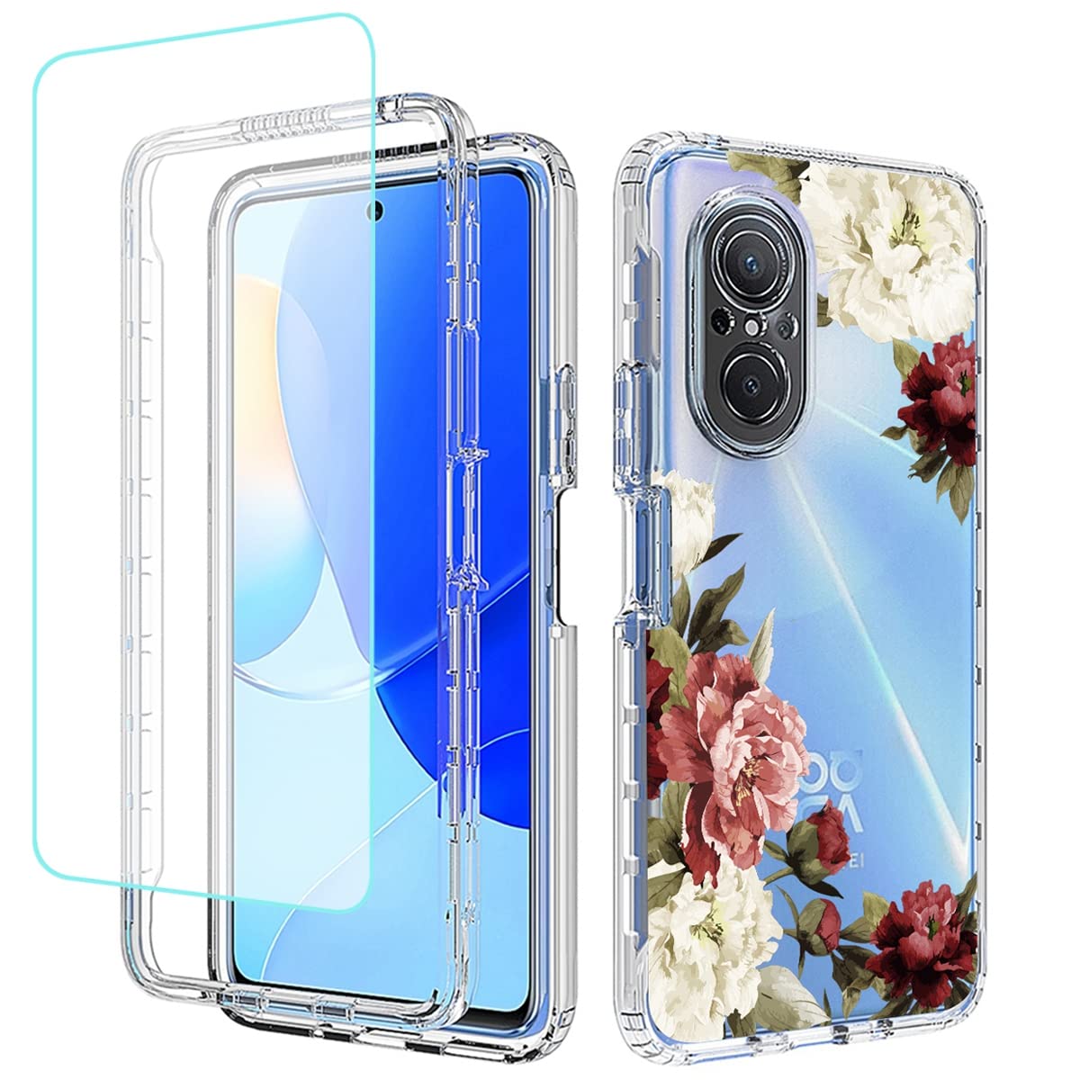TotheduPhone Case for Nova 9 SE/Honor 50 SE JLN-LX1 JLN-LX3 Case with Tempered-Glass Screen Protector, Cute Clear Floral Pattern Full Body Protective Cover Cases for Huawei Nova 9 SE Nova9SE (Flower)