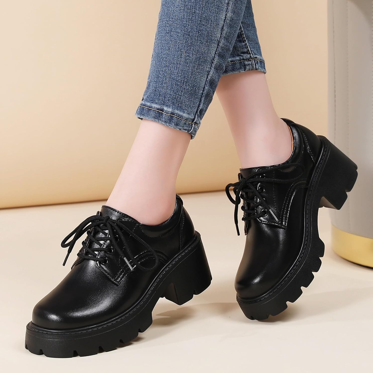 Platform Oxford Shoes for Women Women's Oxfords Lace-Up Chunky Heels Womens Platform Shoes Business Casual Comfortable Dressy Office Work Ladies Womens Shoes - Image 3
