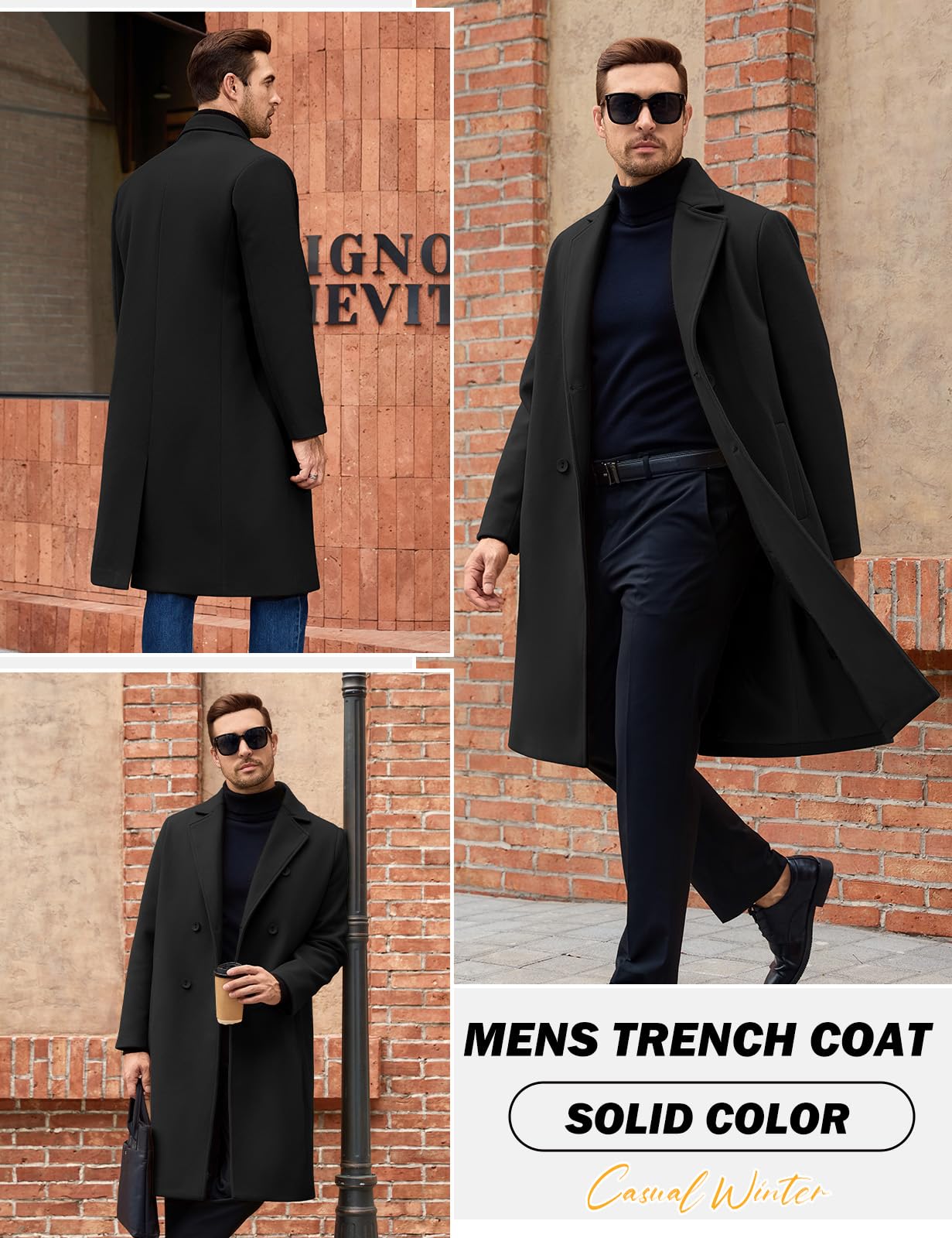 heekpek Wintermantel Herren Mantel Long Trenchcoat Doppelreiher Kerbkragen Winterjacke Business Casual Winter Warme Oberbekleidung für Alltag Outdoor