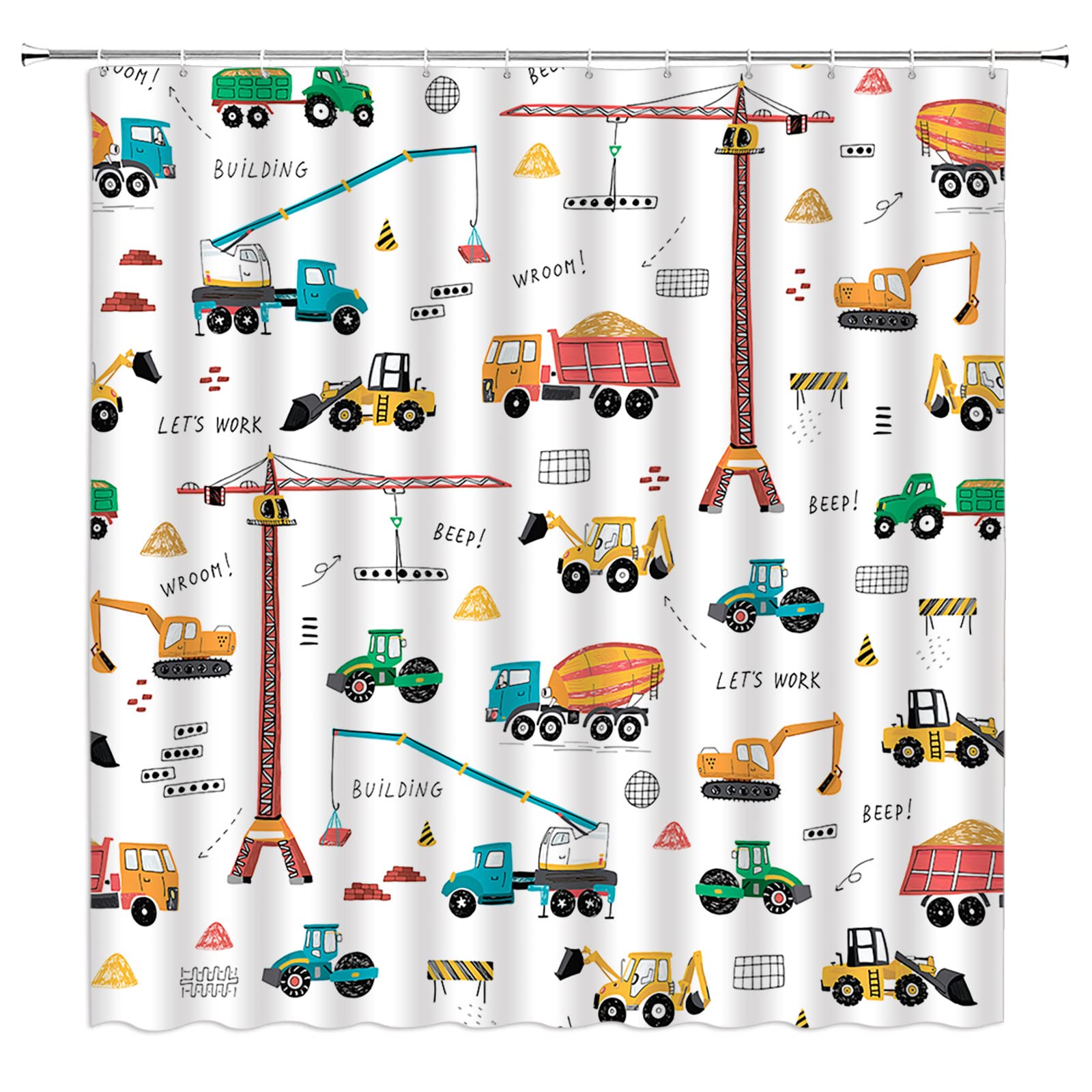 ABONAN Construction Truck Shower Curtain Cartoon Excavator Vehicle Tractor Cars for Boys Machinery Cars for Boys Kids Machinery Navy Blue Fabric Bathroom Curtains Decor Set with Hook(70