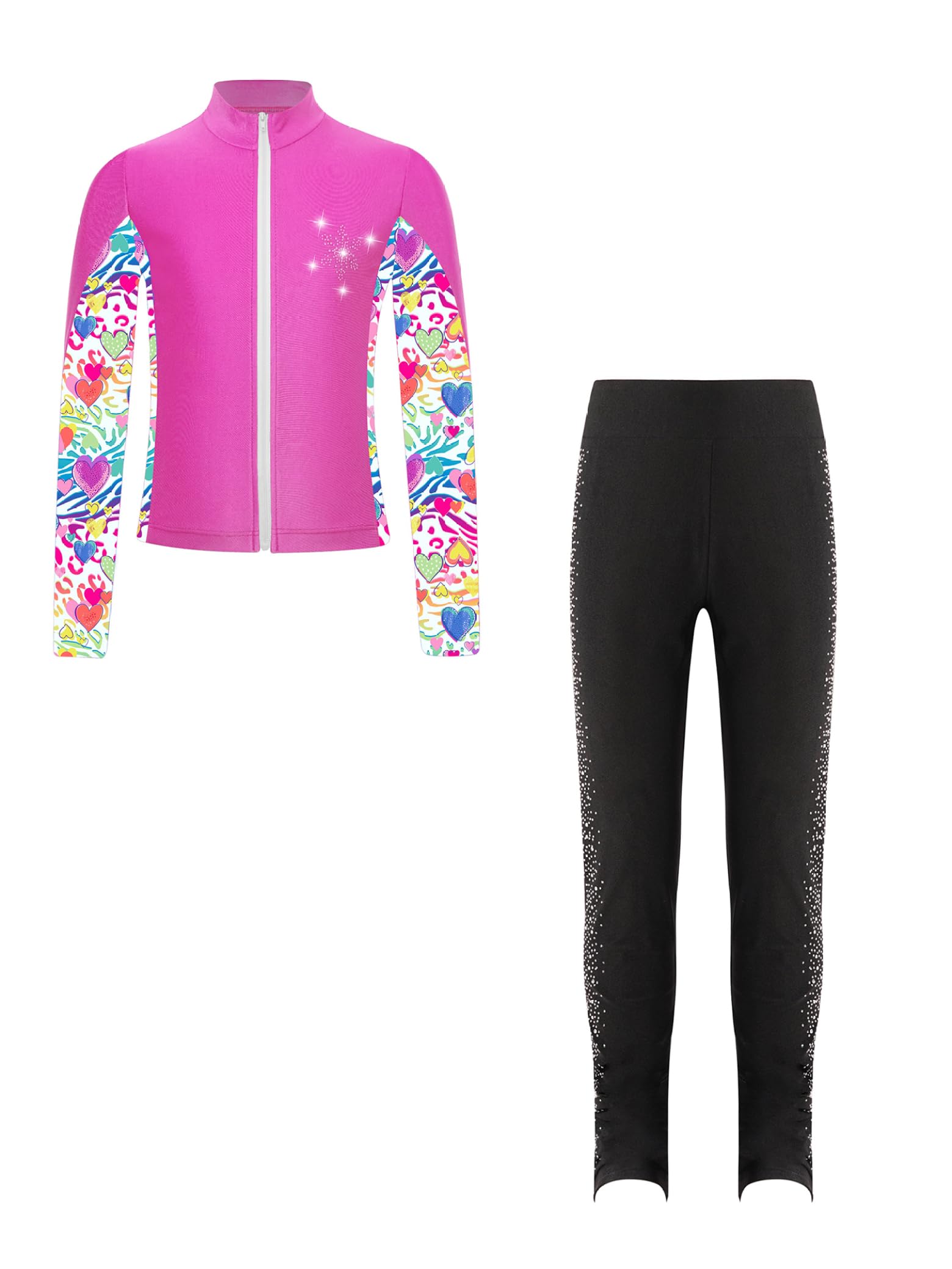 Kinder Eiskunstlauf Anzug Mädchen Bedruckte Eislaufen Jacke Leggings Glitzer Strass