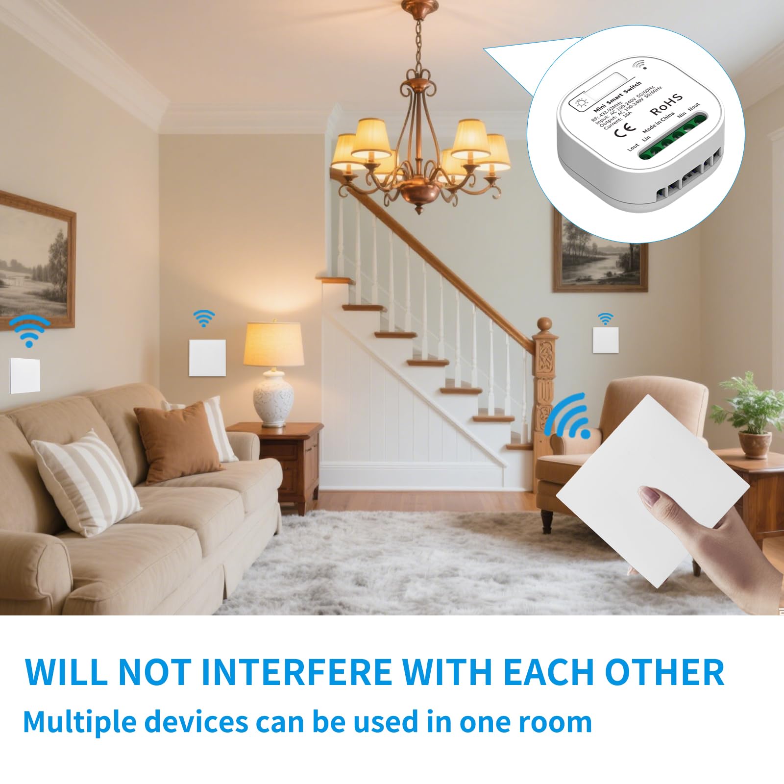 Interruptor de luz inalámbrico 230 V con receptor sin batería, juego de interruptor inteligente inalámbrico AC 100-240 V, interruptor de luz inalámbrico 10 A RF433, interruptor inalámbrico para