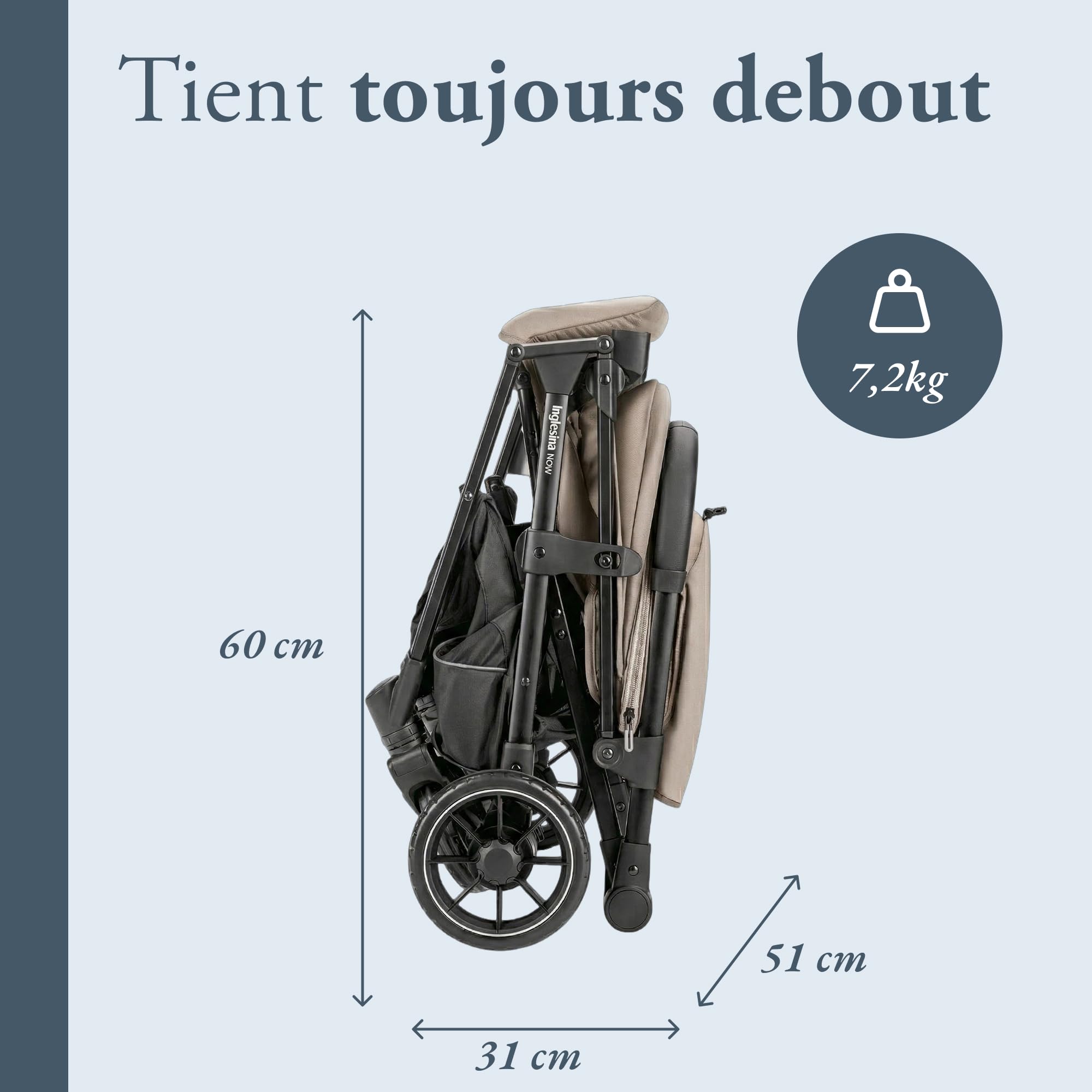 Inglesina NOW Poussette Compacte Légère 7,2 kg, Fermeture Automatique One Touch, Dossier Inclinable 170°, Capote UPF 50+, de la Naissance à 22 kg, Shot Beige