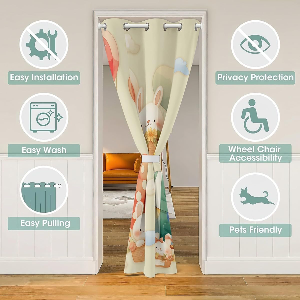 Kawaii Rabbit Door Curtain Colorful Hot Air Balloon Doorway Curtain Cartoon Cute Animals Darkening Blackout Curtain Wild Floral Drape for Bedroom Privacy 1 Panel 42" W X 80" L