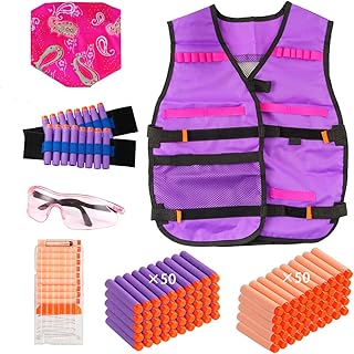 Locisne Tactical Vest for Girl,Tactical Vest Kit with 100 Refill Bullets,2 Wristband,1 Scarf Mask,1 Protective Goggle,1 Dart Reload Clip for N-strike Elite Series