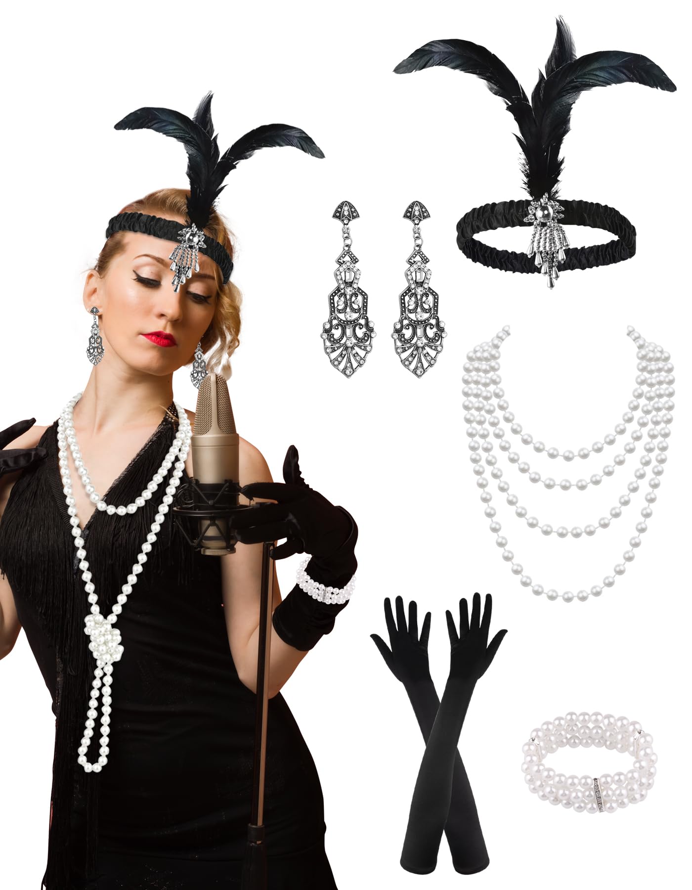 PLULON 6 Pcs 1920s Accessories for Women, Great Gatsby Flapper Dress Accessories Fashion Roaring 20s Costume for Women