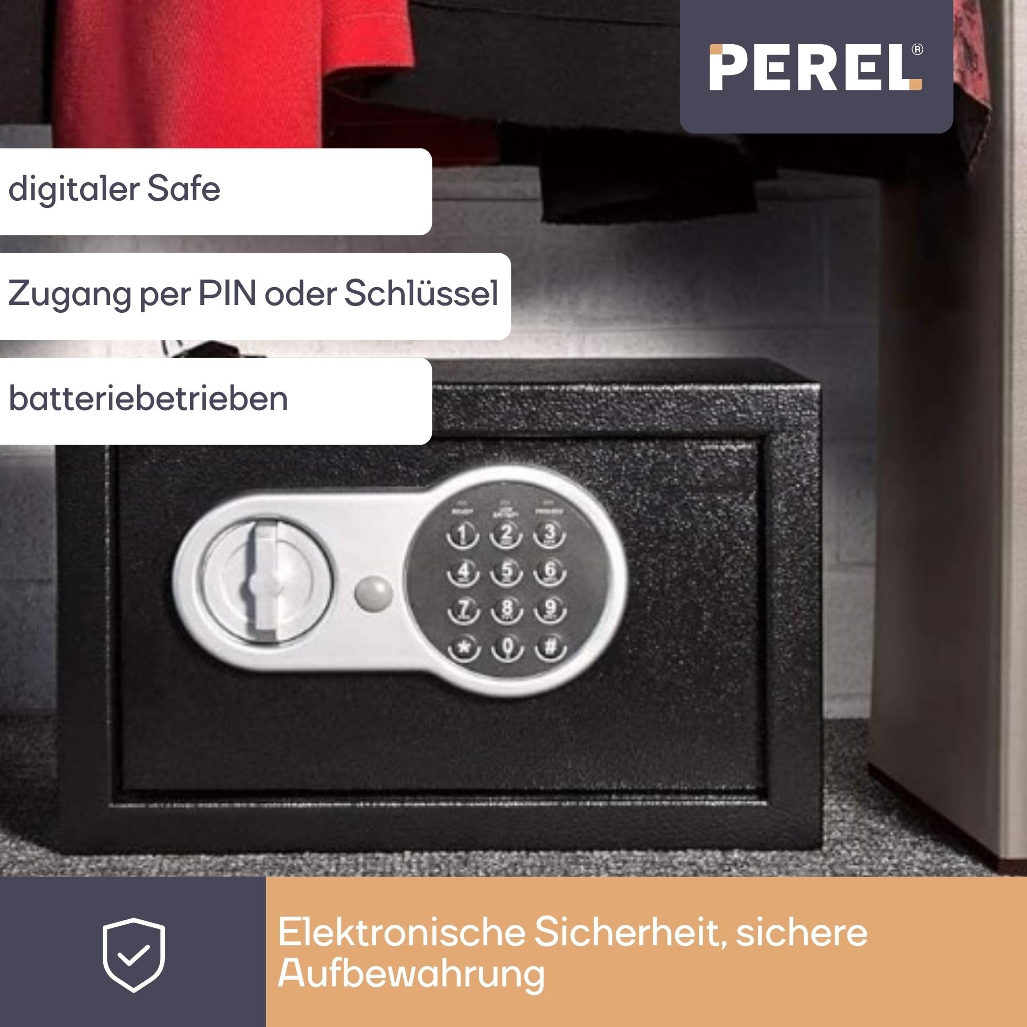 Perel Elektronischer Safe mit Zahlencode und Notschlüssel, geräumiger Stahlschrank mit weicher Innenauskleidung, sicherer Mini-Tresor für Schmuck, Dokumente und Bargeld, 20x31x20 cm