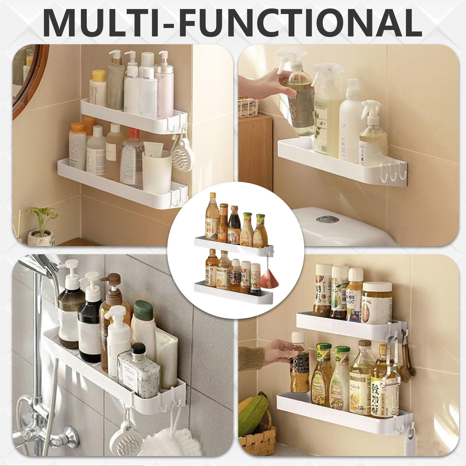 Mensola Bagno Doccia Autoadesiva, Porta Shampoo Senza Foratura, 40x11x6 cm, Carico 5 kg, Bianco, Adatto Cucina, Bagno