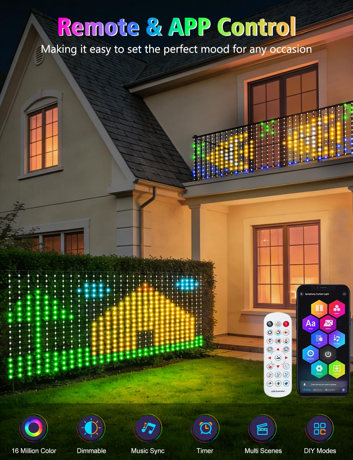 echosari 600 luces LED de red para exteriores, 3.5 x 9.5 pies, luces inteligentes RGB e IC con aplicación/control remoto, modos de bricolaje, luz de malla impermeable para decoración de arbustos de
