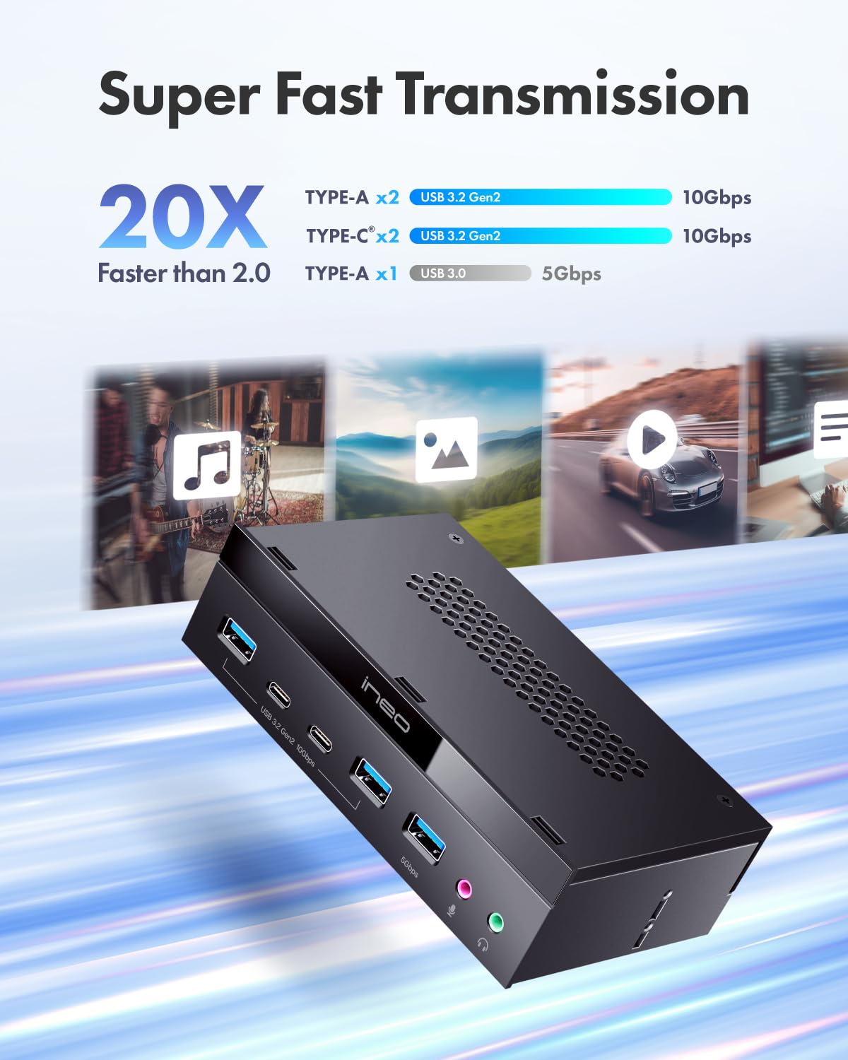 ineo Hub USB 3.2 Gen2 sul pannello frontale da 5,25" (2x10G USBC, 2x10G USBA, 1x USB3.0 TypeA e jack audio per microfono) [3570]