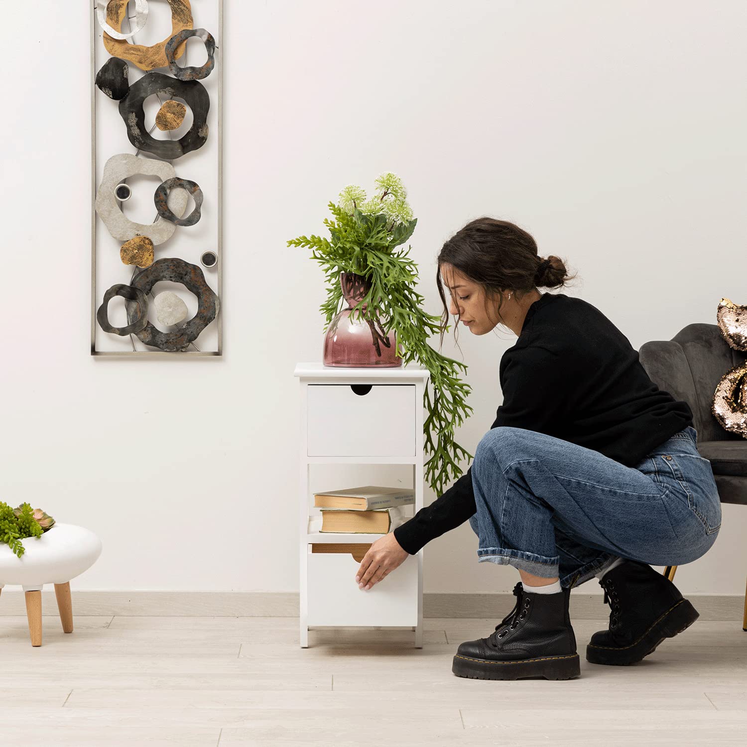 Baroni Home Nachttisch, Wohnzimmer, Wohnzimmer, Schlafzimmer, Schlafzimmer, Badezimmer, Mehrzweckschrank, Weiß 2 Schubladen, 1 Einlegeboden Größe 30X30X61 cm