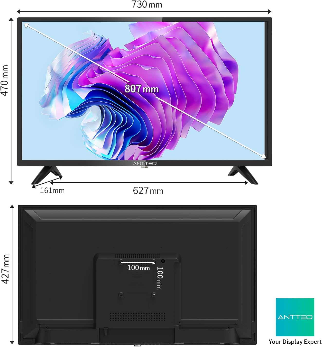 Antteq AB 32D1 TV 32 pollici (Televisori 80 cm), Dolby Audio, Triplo Tuner DVB-C/T2/S2, CI+, HDMI, USB, uscita audio digitale, modalità Hotel inclusa