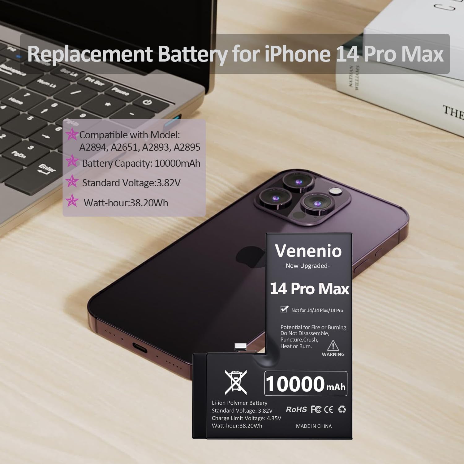 [10000mAh] Battery for iPhone 14 Pro Max, 2026 New Upgrade High Capacity Replacement Battery for iPhone 14 Pro Max Models A2894 A2651 A2893 A2895 with Professional Replacement Tool Kits