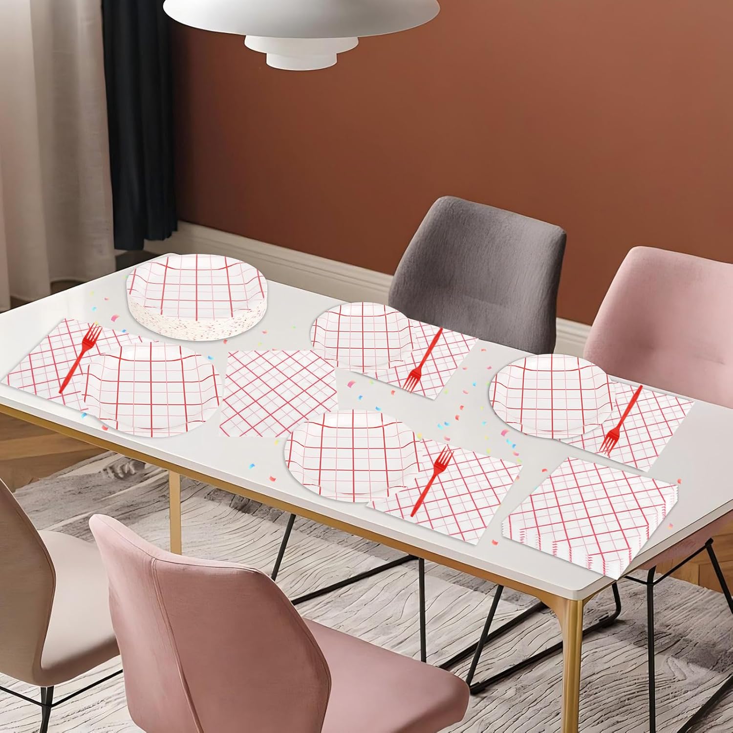 200Pcs Red and White Plaid Party Plates Supplies,Gingham Party Paper Plates,Napkins,and Forks Kit for Girl Birthday Party Baby Shower Decoration Serves 50