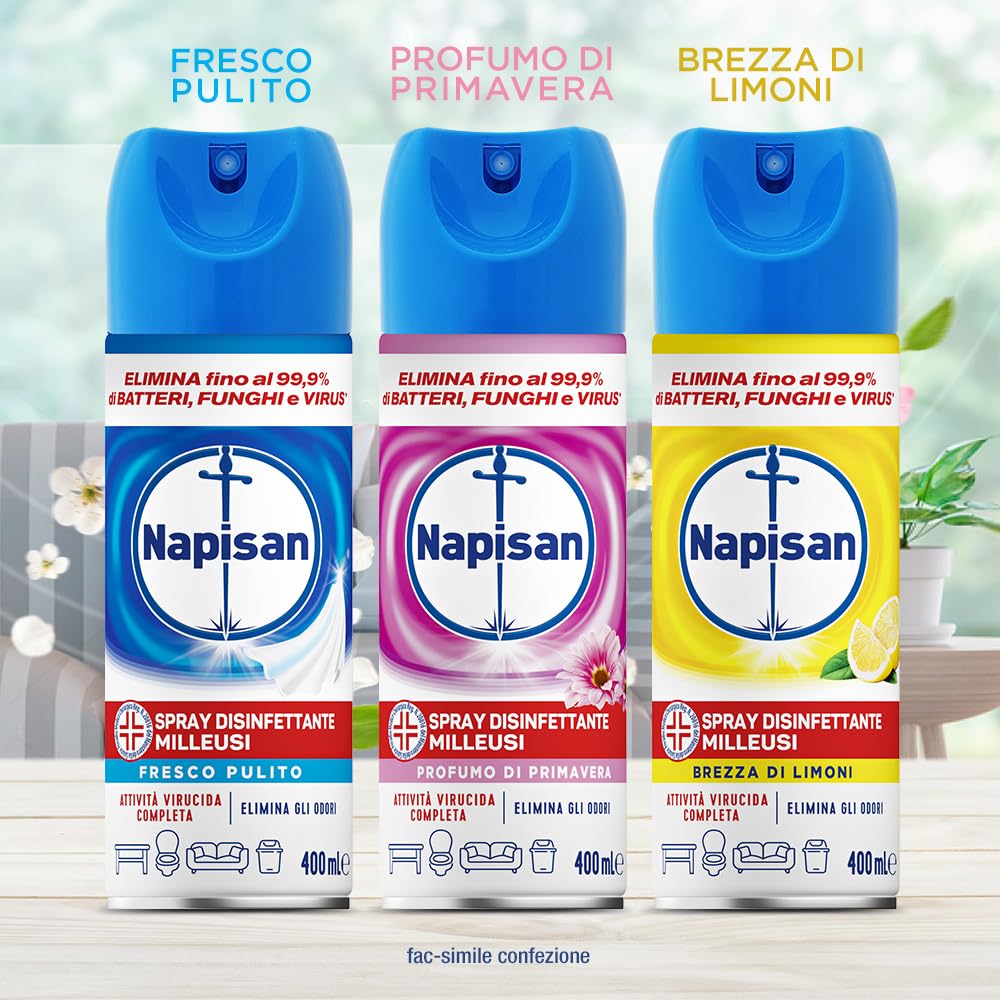 Napisan Spray Disinfettante Milleusi, Disinfettante Spray per Tessuti e Superfici, Fragranza Profumo di Primavera, 6 Spray da 400ml