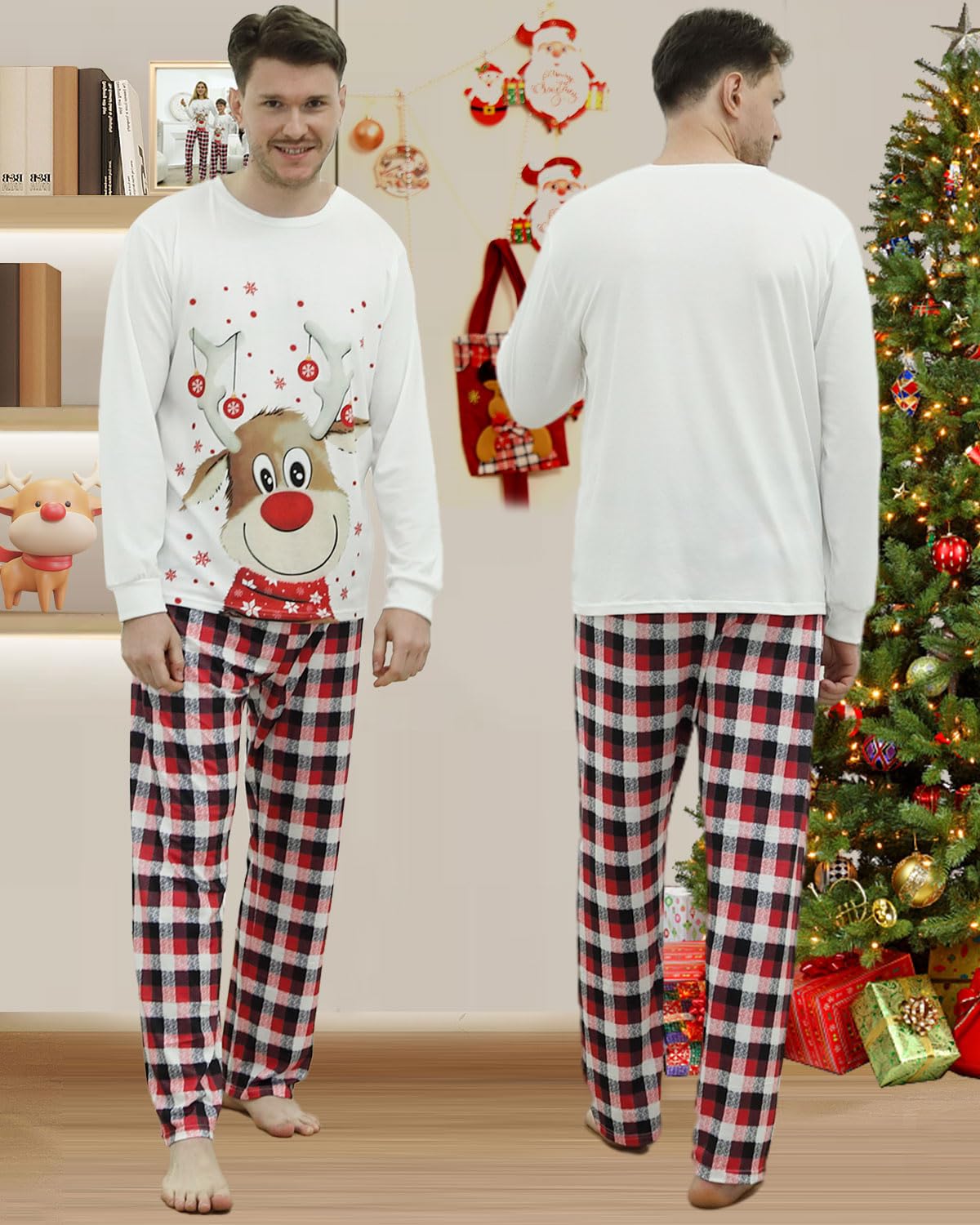 DDKJ Pijama Navidad Familia,Pijamas de Navidad para la Familia con Estampado de Reno,Pijama Navideño Familiar a Cuadros Rojos y Negros,Pijamas Navideños Pareja/Niños/Niñas/Bebe