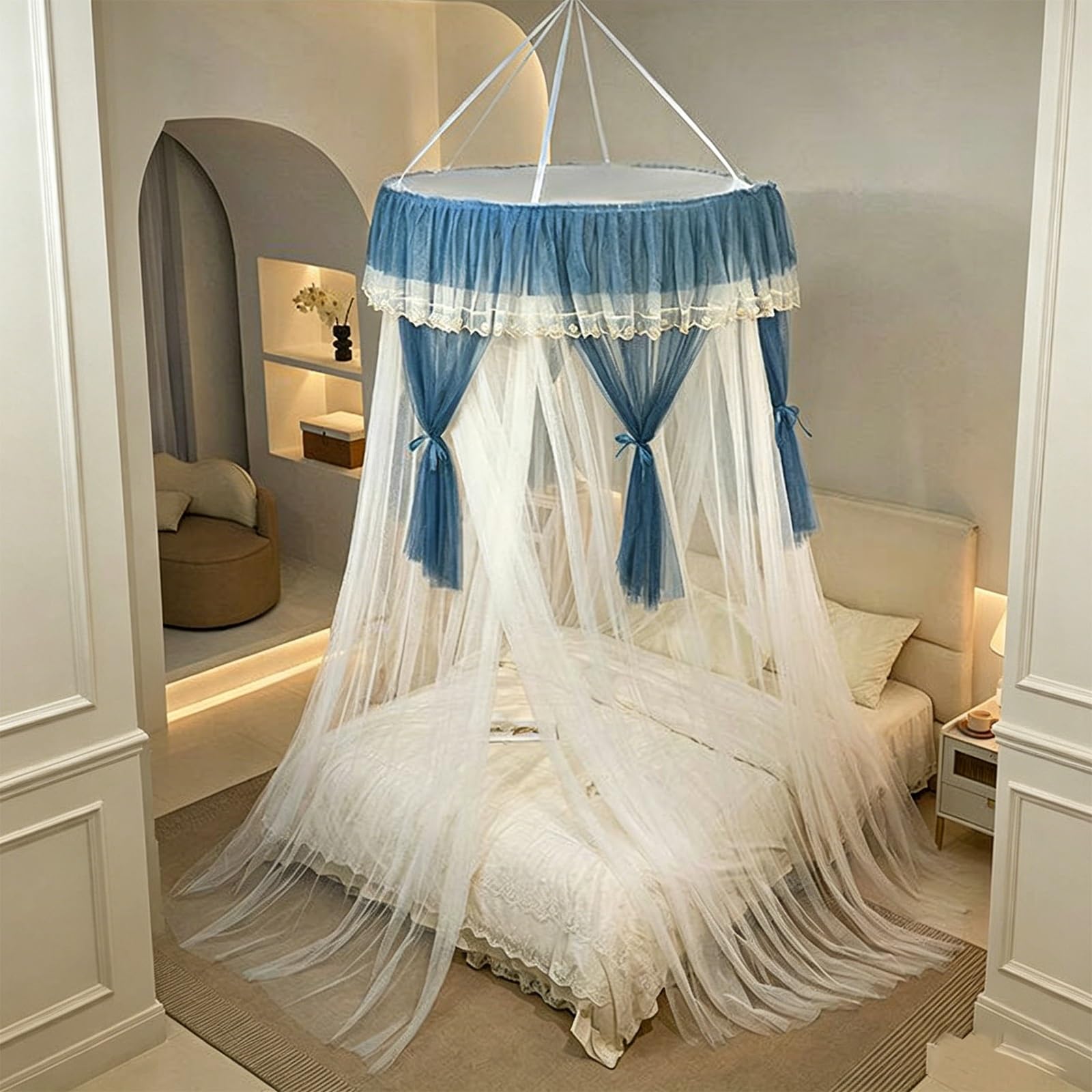 SARKEY Prinzessinnen Betthimmel,Bettvorhang,Feines Durchsichtiges Netz,Kuppelbetthimmel,Hängende Bettnetzabdeckung Für Schlafzimmer,Luxuriöse Spitze,Erwachsene,Hochzeit,Dekoration(Lake Blue)