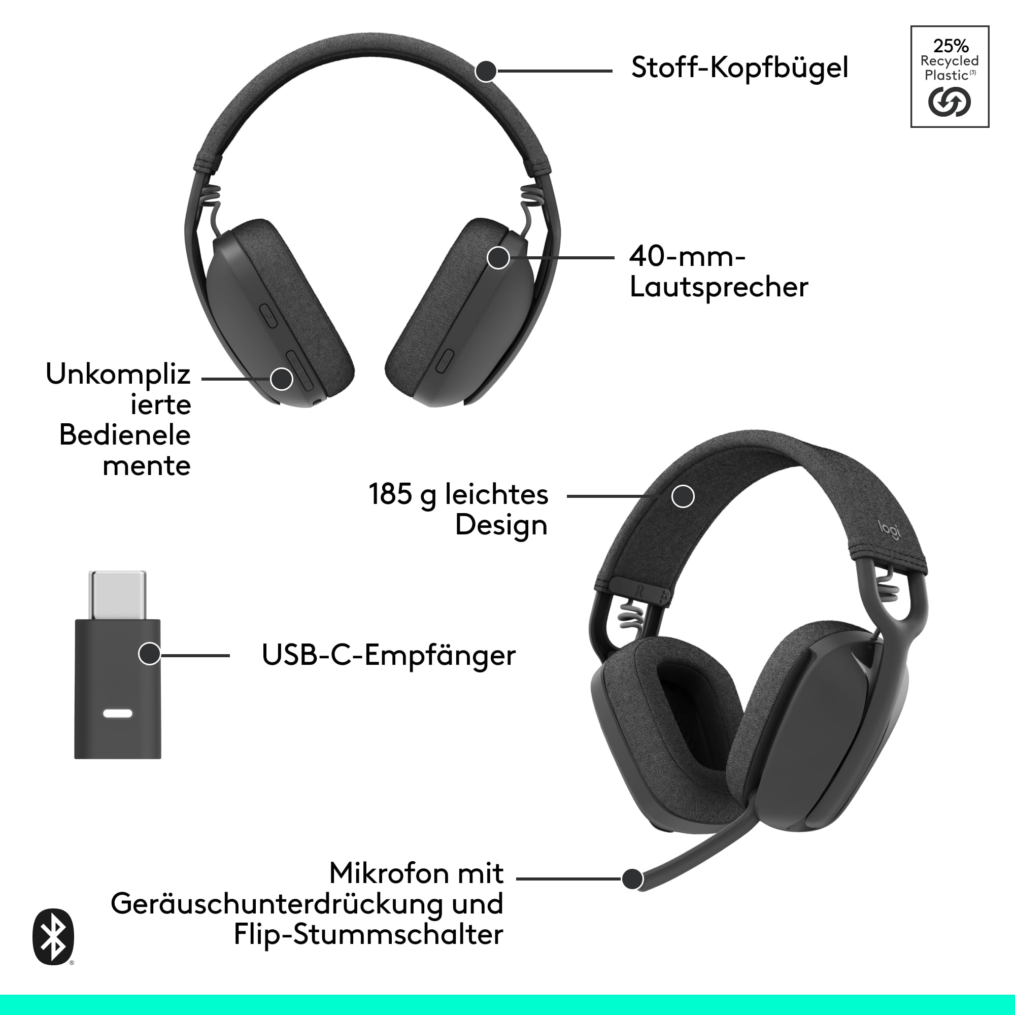 Logitech Zone Vibe Wireless Bluetooth Headset mit Mikrofon mit Geräuschunterdrückung, USB-A, USB-C, für Google Meet, Google Voice, Zoom, Mac/PC - Graphit