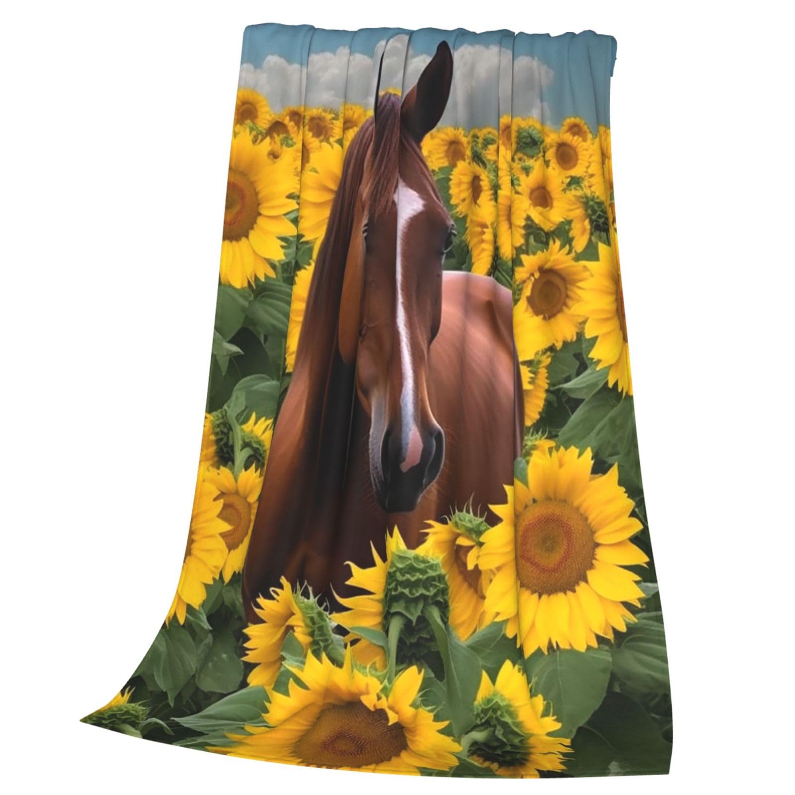 Couverture flanelle cheval et tournesol 152x127 cm plaid canapé microfibre