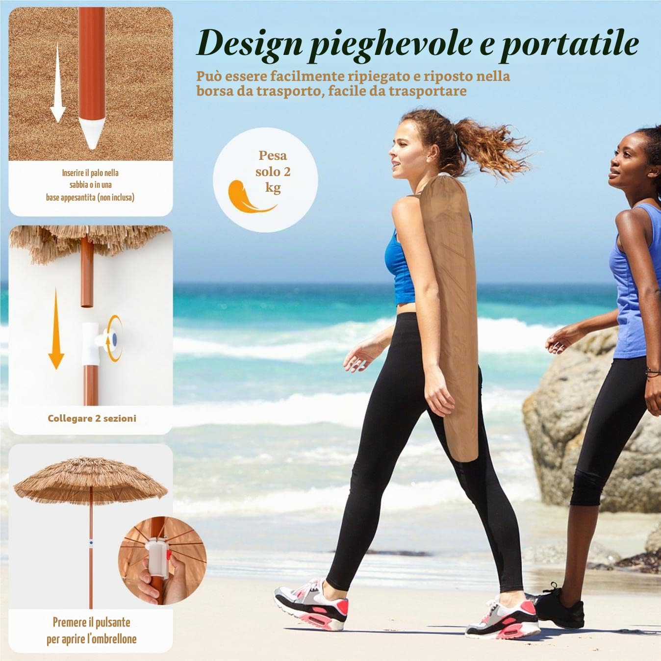 KOMFOTTEU Ombrellone da Spiaggia, Parasole Hawaiano in Rafia Pieghevole, Ombrello da Giardino in Paglia Simulata Inclinabile, Altezza Regolabile, Anti UV, per Balcone, senza Base per Ombrellone