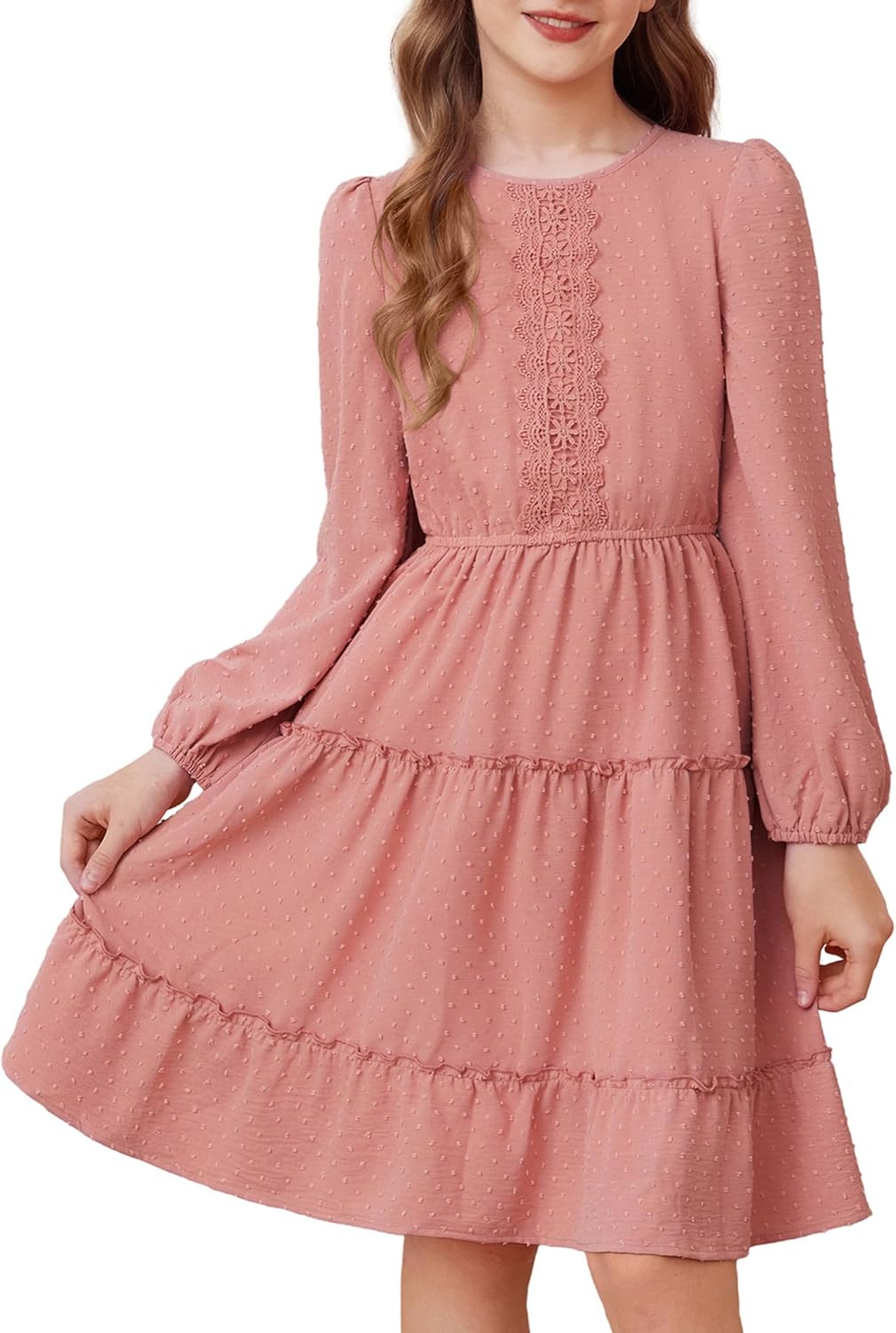 GRACE KARIN Girls Long Sleeve Fall Dress Casual Party Teen Swiss Dot Ruffle Tiered Lace Dresses for 7-14 Years