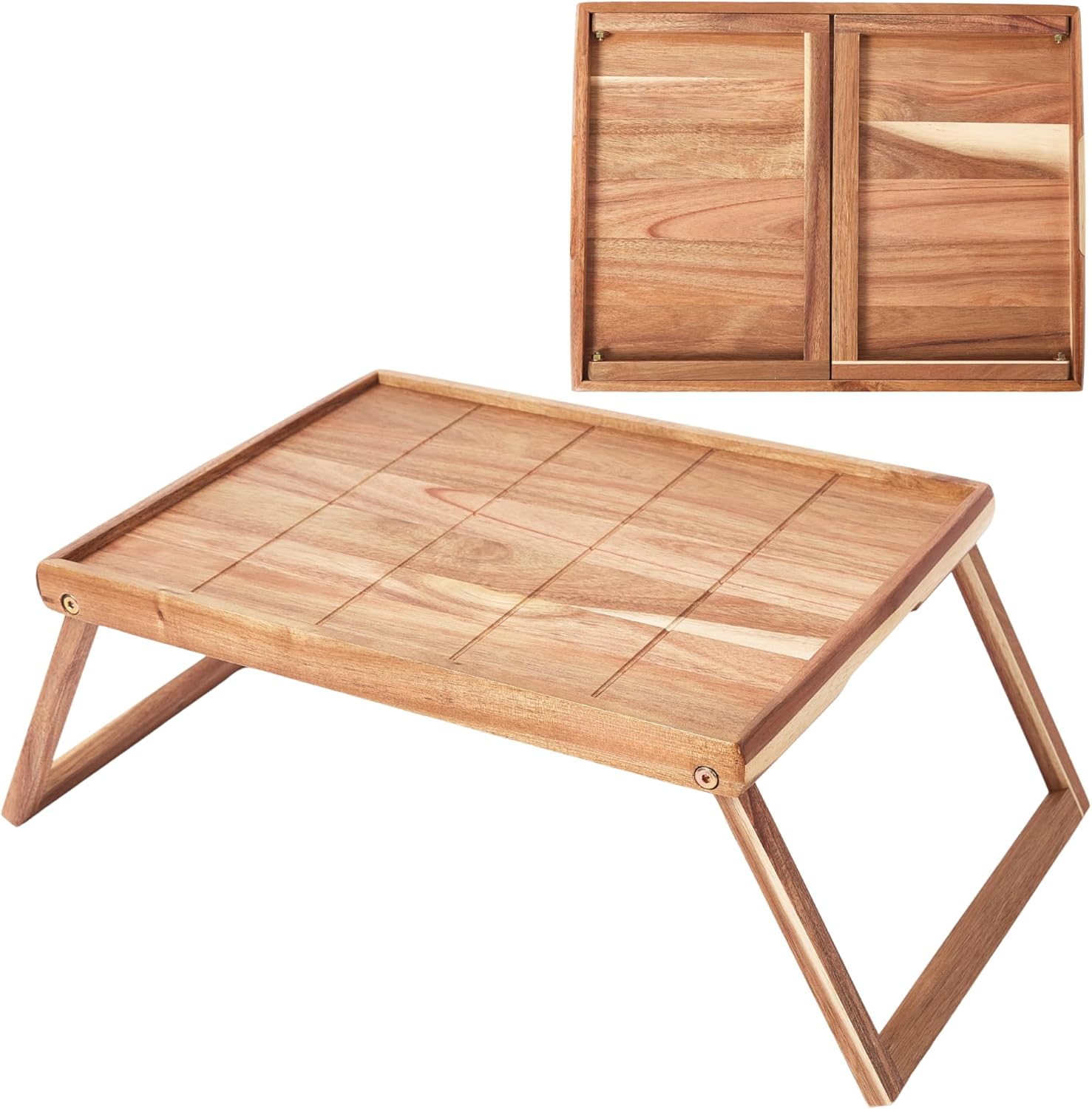 Breakfast Tray for Bed - Acacia Wood Bed Tray Table with Folding Legs - Foldable Lap Tray for Eating, Laptop Desk - Portable Bed Table for Couch - TV Dinner Tray for Adults, Kids