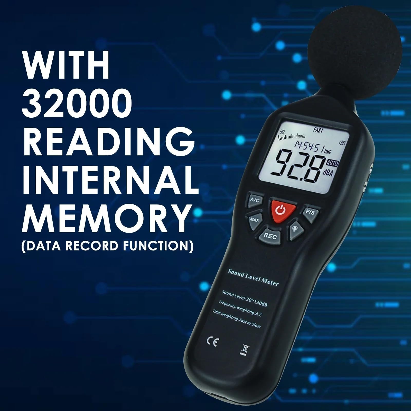 Fonometro, Misurazione ad alta precisione 30 dB-130 dB con funzione di registrazione dati Fonometro con display retroilluminato compatto professionale