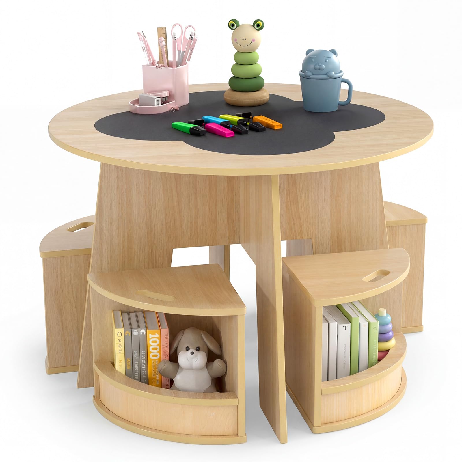 FANTASK 5-TLG. Kindertisch Stuhl Set Rund, Holztisch mit 4 Stauraumhockern, Maltisch für Kinderzimmer, Sitzgruppe ab 3 Jahren (Natur)