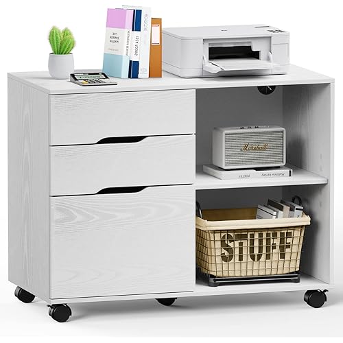 Sweetcrispy Filing Cabinet, 3-Drawer File Cabinet for Home Office, Mobile Lateral Filing Cabinet, Printer Stand with Open Storage Shelves for Kids Room, Small Space