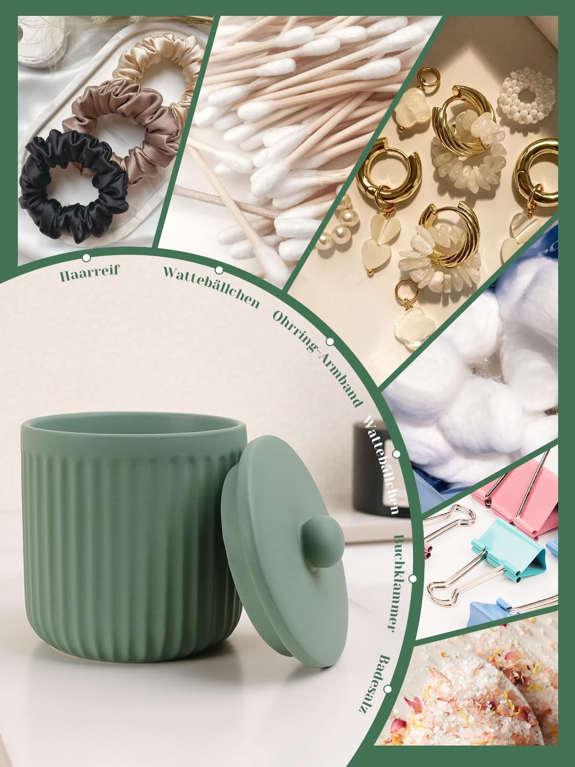 Badezimmer Set Grün, 4-teilig Keramik Bad Zubehör - 350 ml Seifenspender, Zahnputzbecher, Seifenschale & Wattestäbchen Behälter, Deko Badausstattung Set für Waschbecken